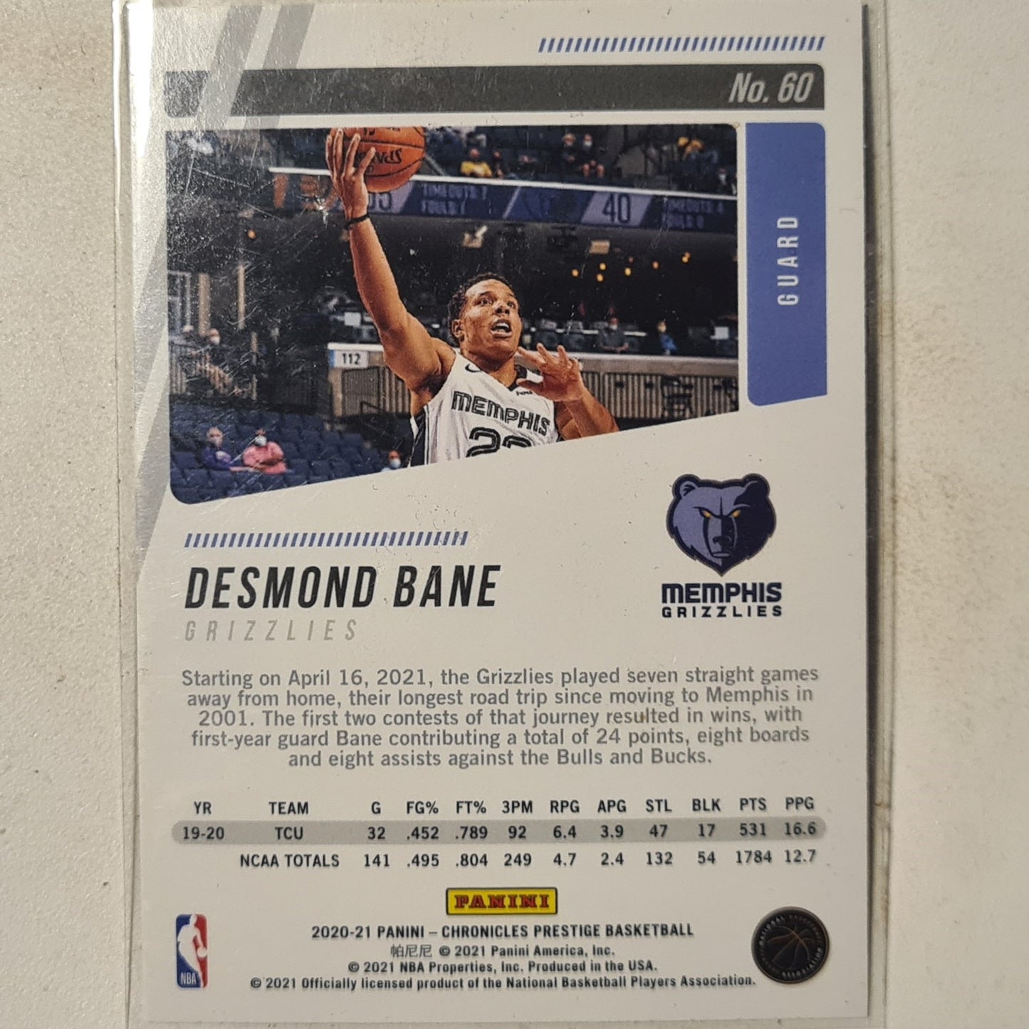 Desmond Bane 2020-21 Panini prestige Rookie RC #60 NBA Basketball Memphis Grizzlies Excellent sleeved