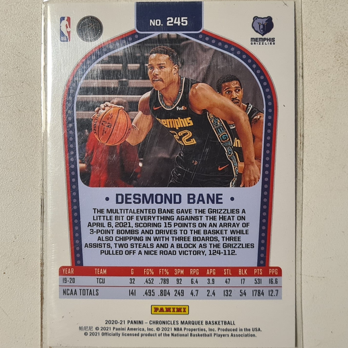 Desmond Bane 2020-21 Panini Chronicles Marquee Rookie RC #245 NBA Basketball Memphis Grizzlies Excellent sleeved