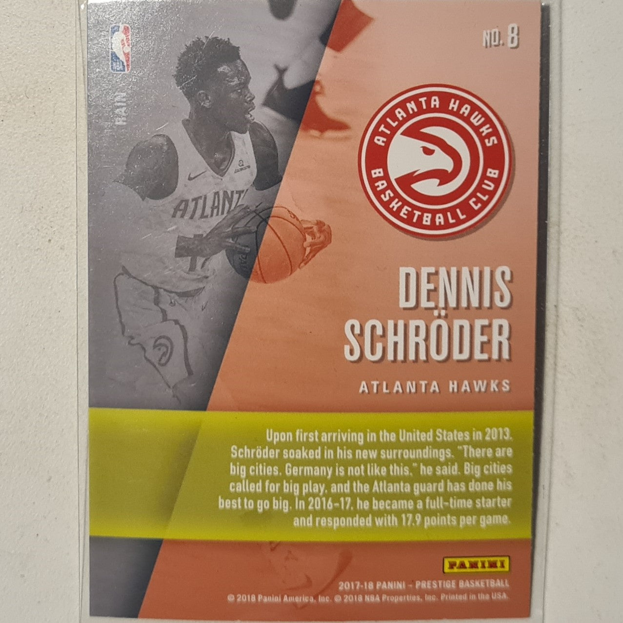 Dennis Schroder 2017-18 Panini Prestige hardcourt heroes rain variant holo #8 NBA Basketball Atlanta Hawks Excellent sleeved