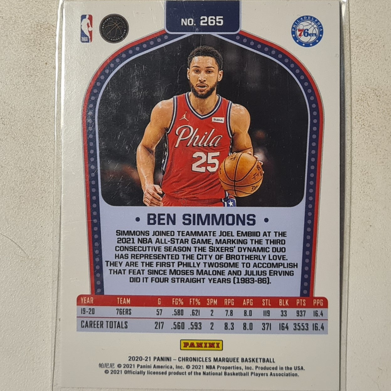 Ben Simmons 2020-21 Panini Chronicles Marquee #265 NBA Basketball Philadelphia 76ers Excellent sleeved