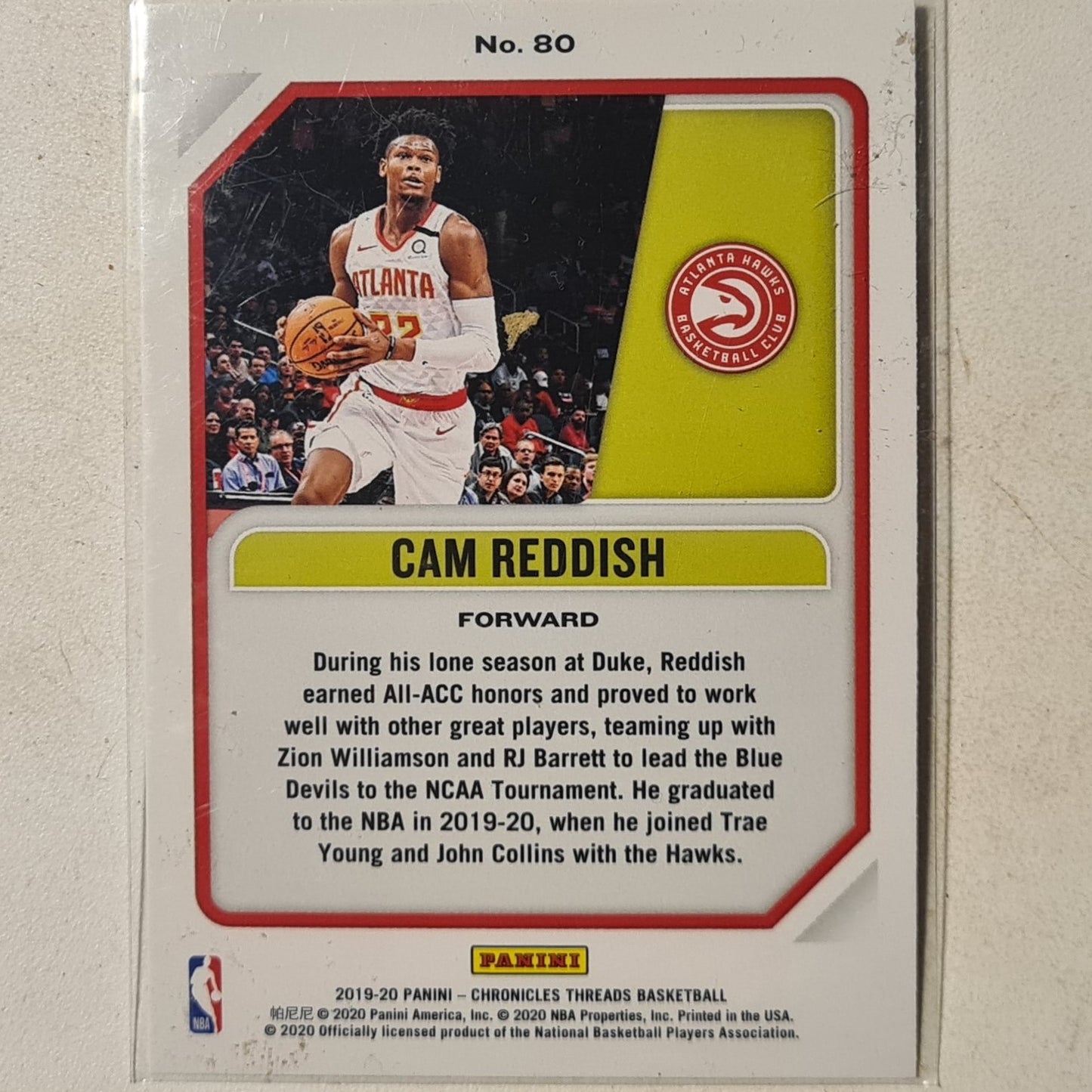 Cam Reddish 2019-20 Panini Chronicles threads Rookie RC #80 NBA Basketball Atlanta Hawks Mint Sleeved