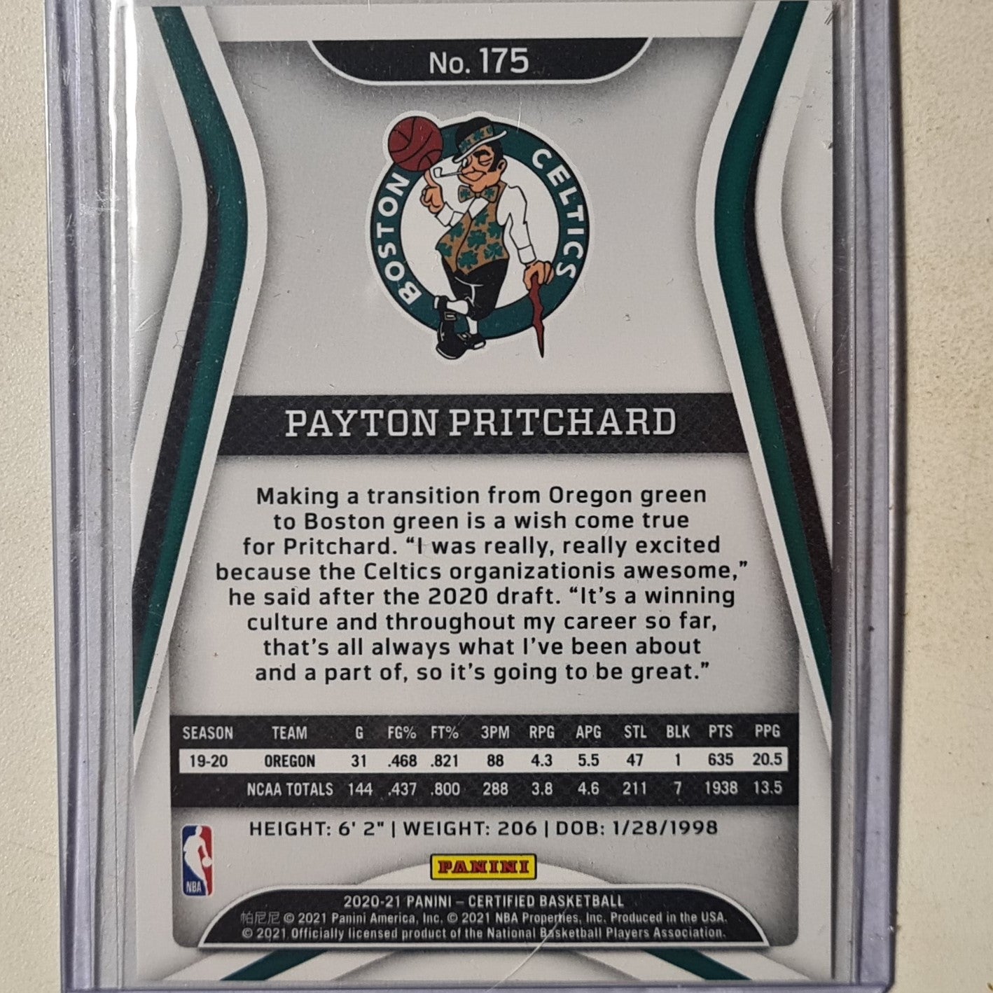 Payton Pritchard 2020-21 Panini Certified refractor Rookie RC #175 NBA Basketball Boston Celtics Mint Sleeved