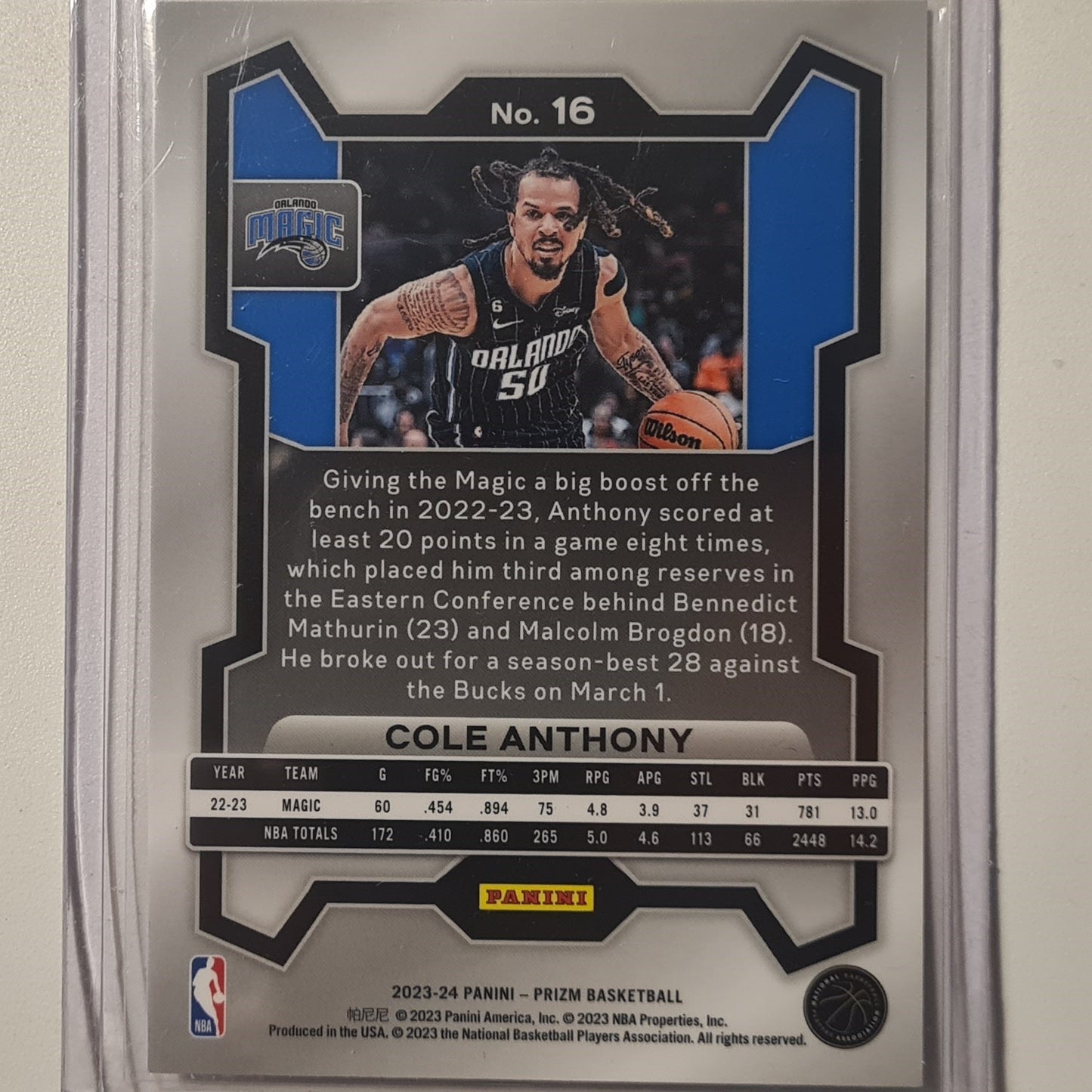 Cole Anthony 2023-24 Panini Prizm #16 NBA Basketball Orlando Magic excellent mint sleeved