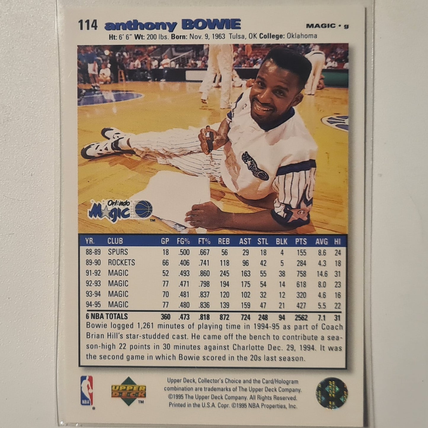 Anthony Bowie 1995 Upper-Deck  #114 NBA Basketball Orlando Magic excellent sleeved