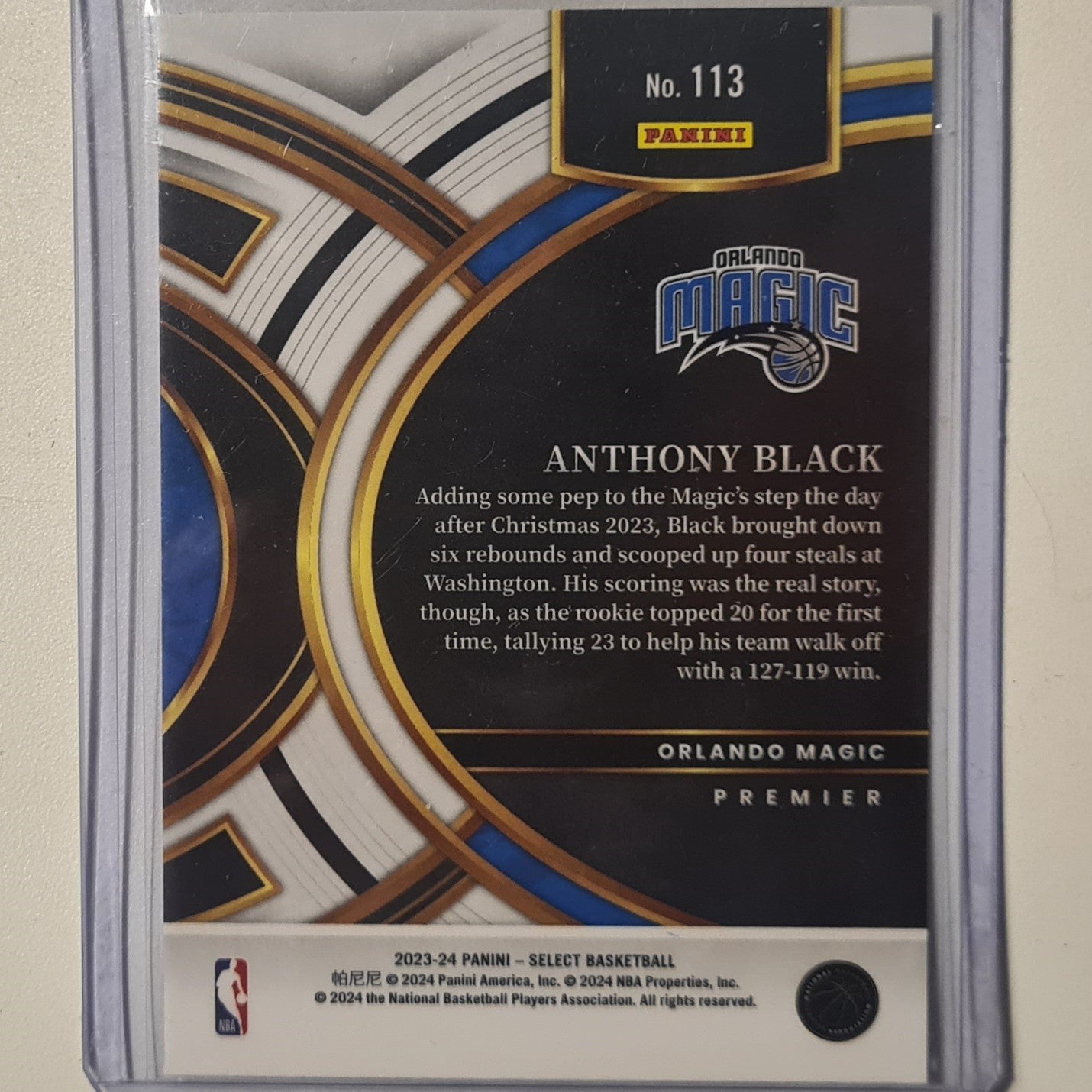 Anthony Black 2023-24 Panini SELECT PREMIER Rookie RC #113 NBA Basketball Orlando Magic excellent sleeved