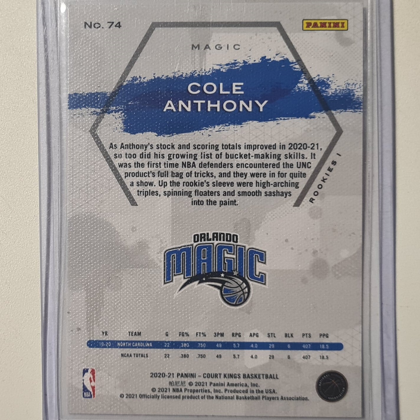 Cole Anthony 2020-21 Panini Court Kings Rookie RC #74 NBA Basketball Orlando Magic mint sleeved