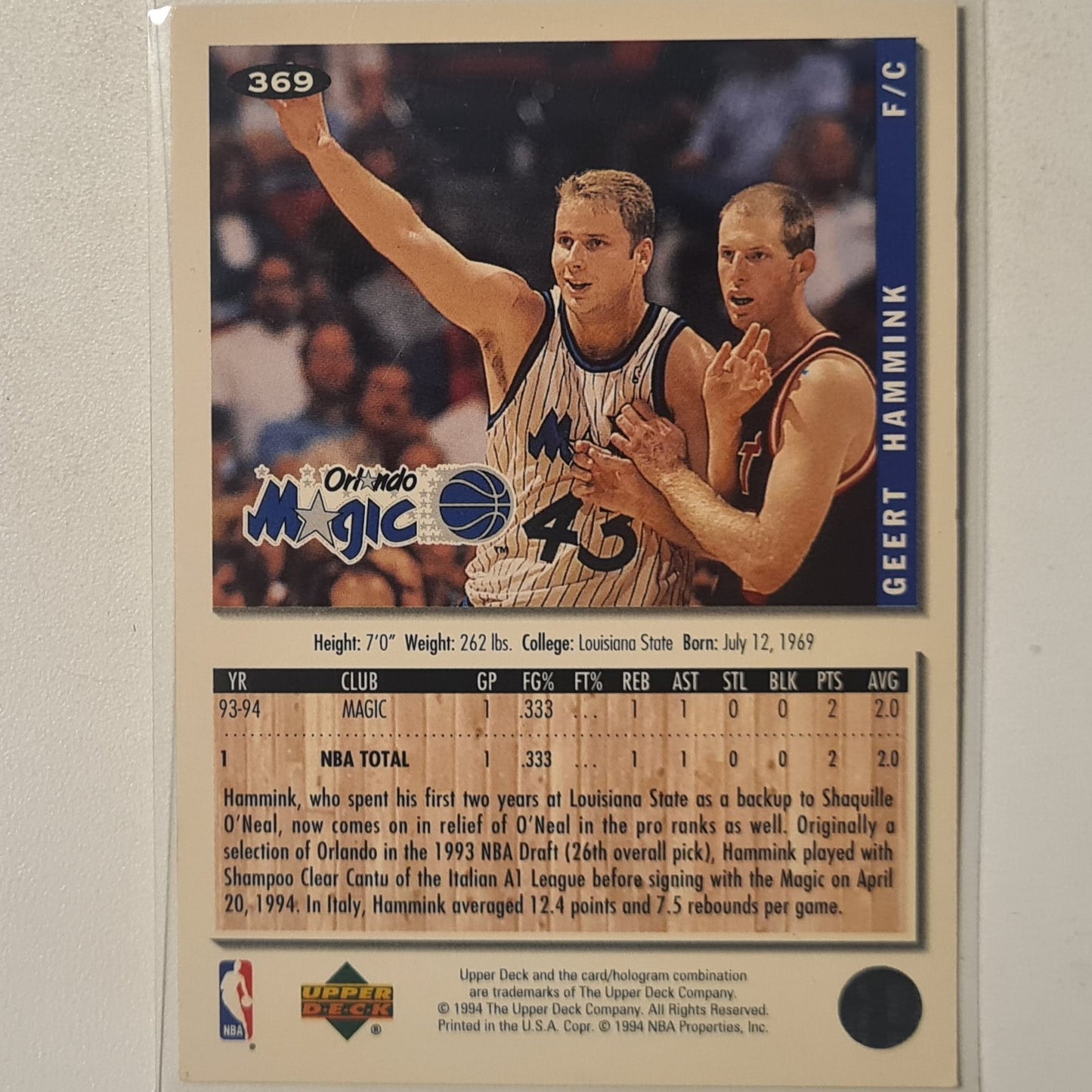 Geert Hammink 1994 Upper-Deck #369 NBA Basketball Orlando Magic excellent sleeved