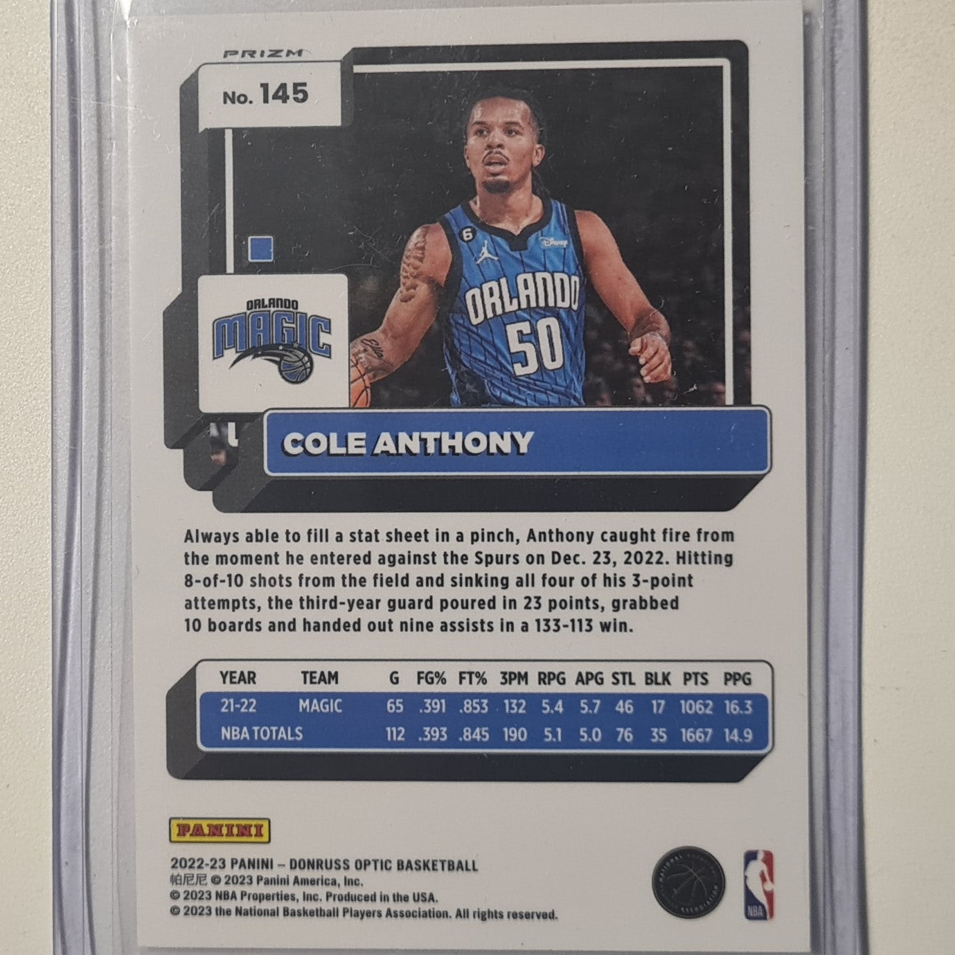 Cole Anthony 2022-23 Panini Donruss Optic red blue green prizm #145 NBA Basketball Orlando Magic excellent/mint sleeved