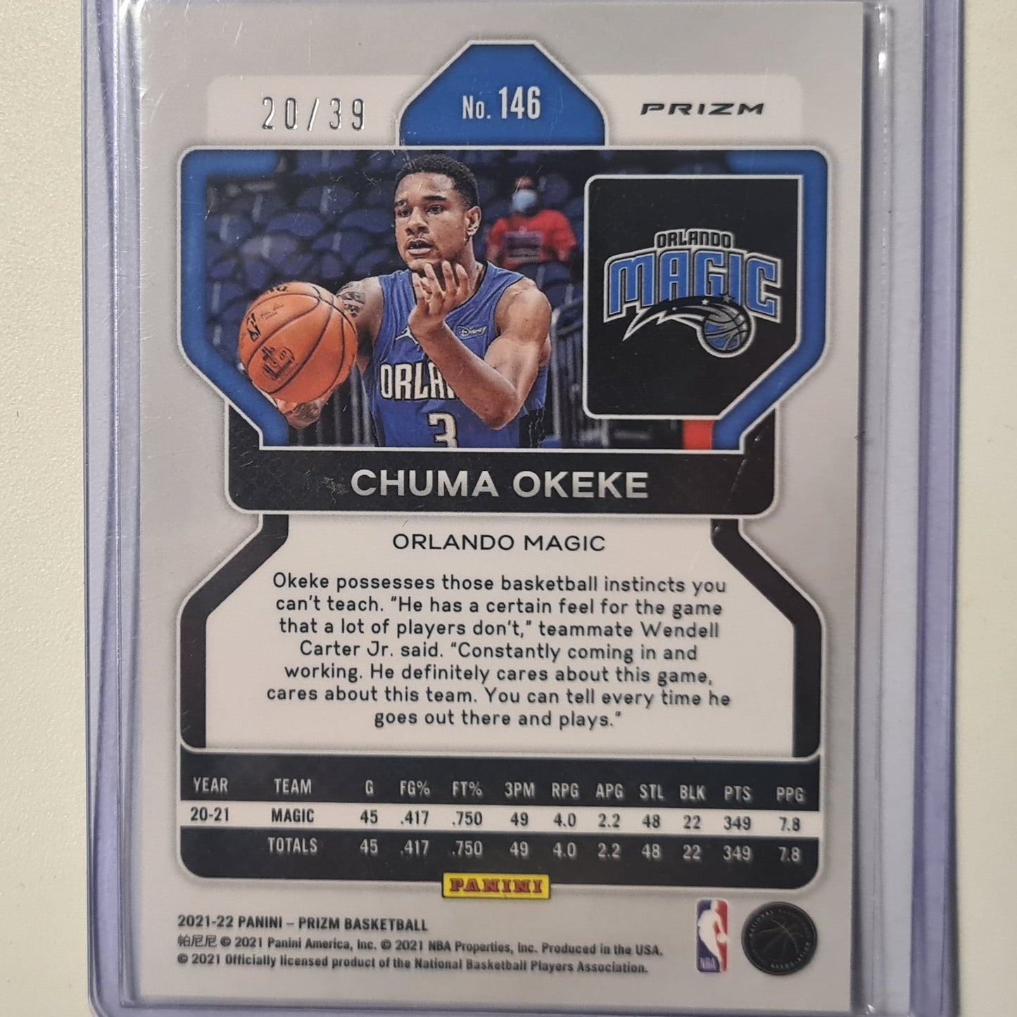 Chuma Okeke 2021-22 Panini Prizm circles Prizm, numbered 20/39 #146 NBA Basketball Orlando Magic excellent/mint sleeved