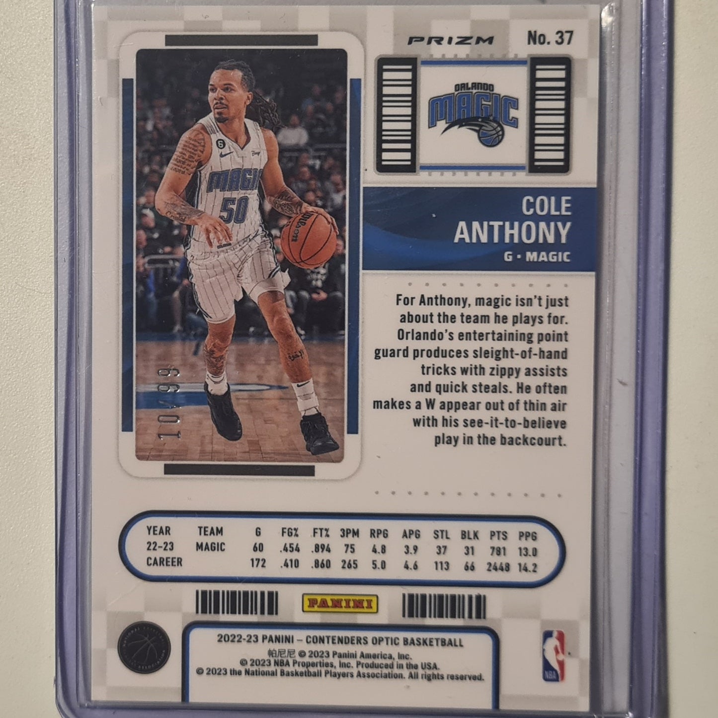 Cole Anthony 2022-23 Panini Contenders Optic prizm numbered 10/99 #37 NBA Basketball Orlando Magic excellent/mint sleeved