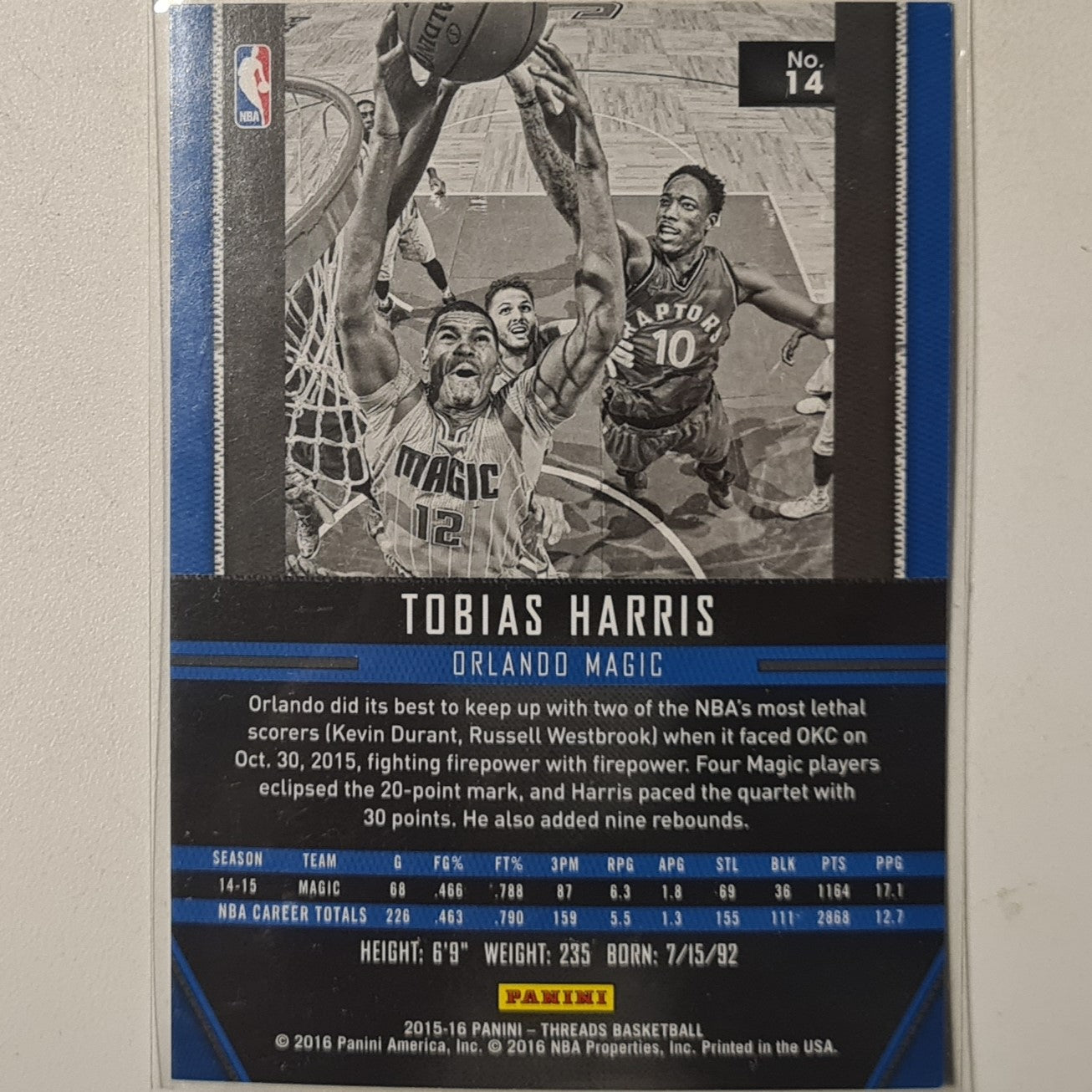 Tobias Harris 2015-16 Panini Threads #14 NBA Basketball Orlando Magic excellent sleeved