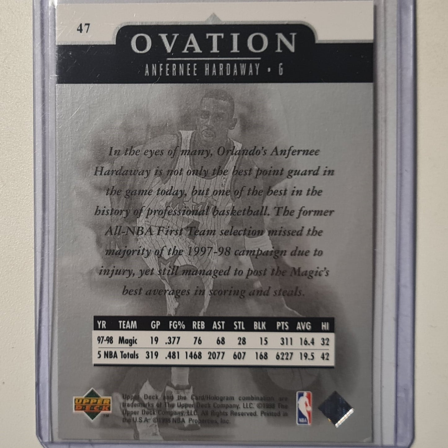 Anfernee Hardaway 1998 Upper-Deck Ovation #47 NBA Basketball Orlando Magic excellent sleeved