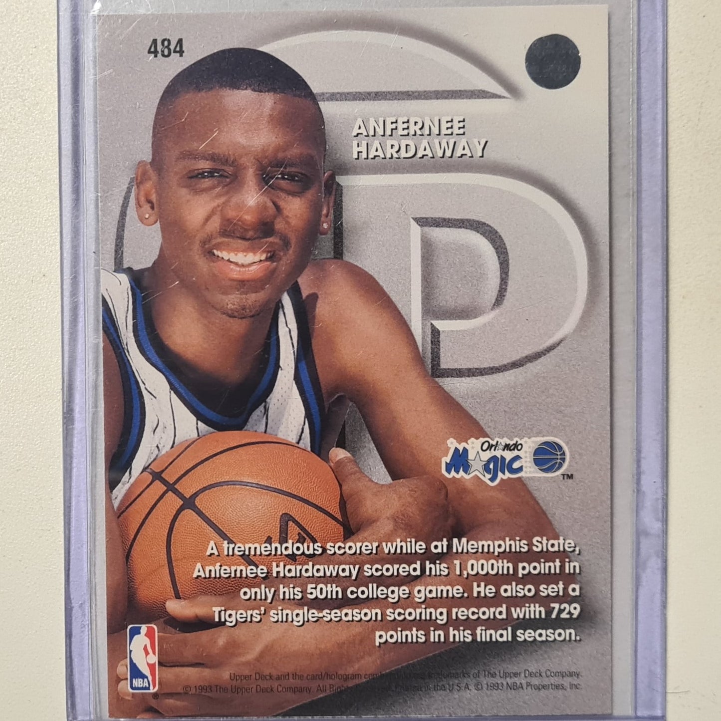 Anfernee Hardaway 1993 Upper-Deck top prospect Rookie RC #484 NBA Basketball Orlando Magic Excellent sleeved