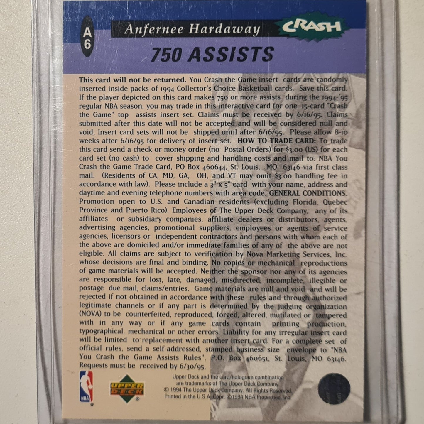 Anfernee Hardaway 1994 Upper-Deck crash the game 750 assists A6 NBA Basketball Orlando Magic Excellent sleeved