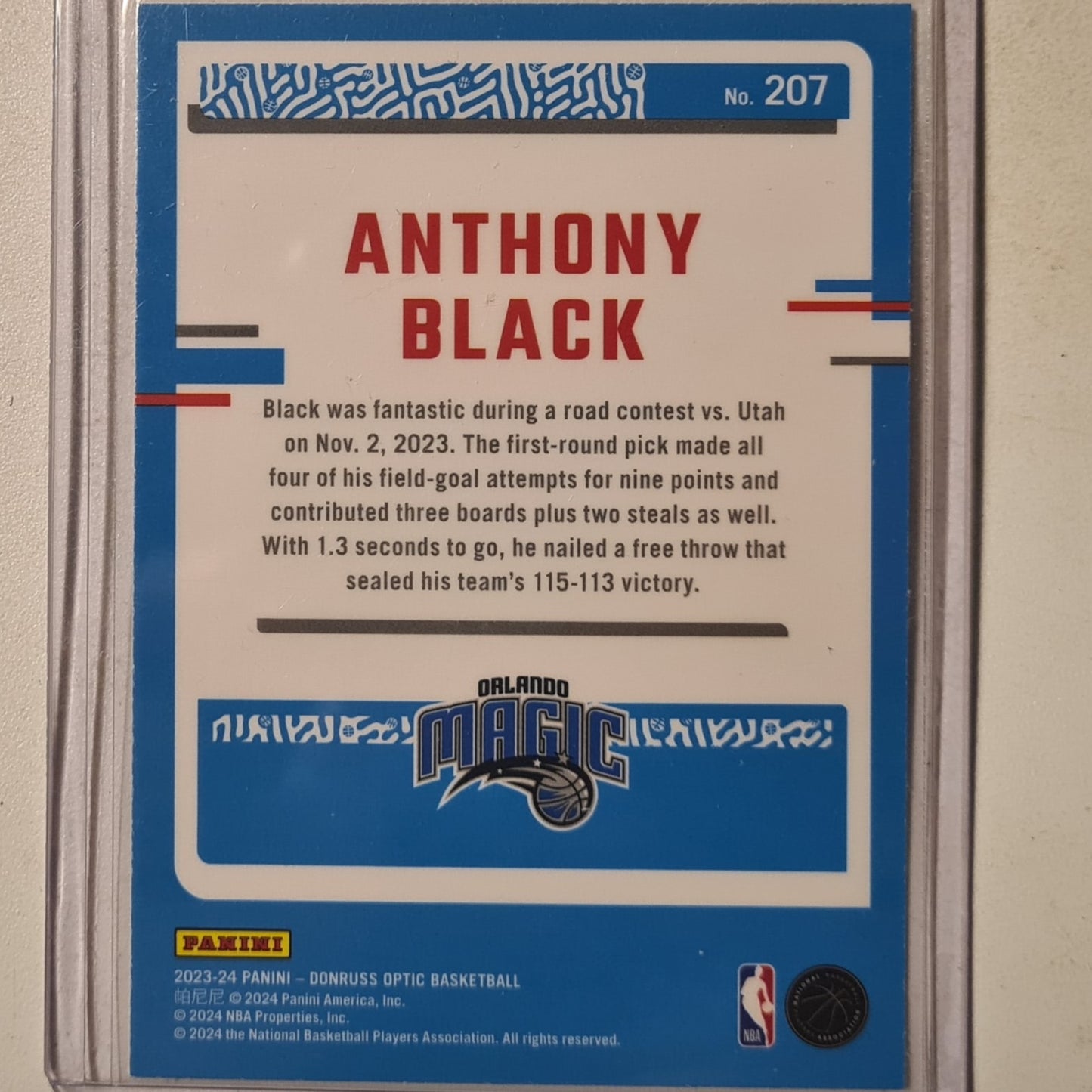 Anthony Black 2023-24 Panini Donruss Optic rated Rookie RC #207 NBA Basketball Orlando Magic Excellent/mint sleeved