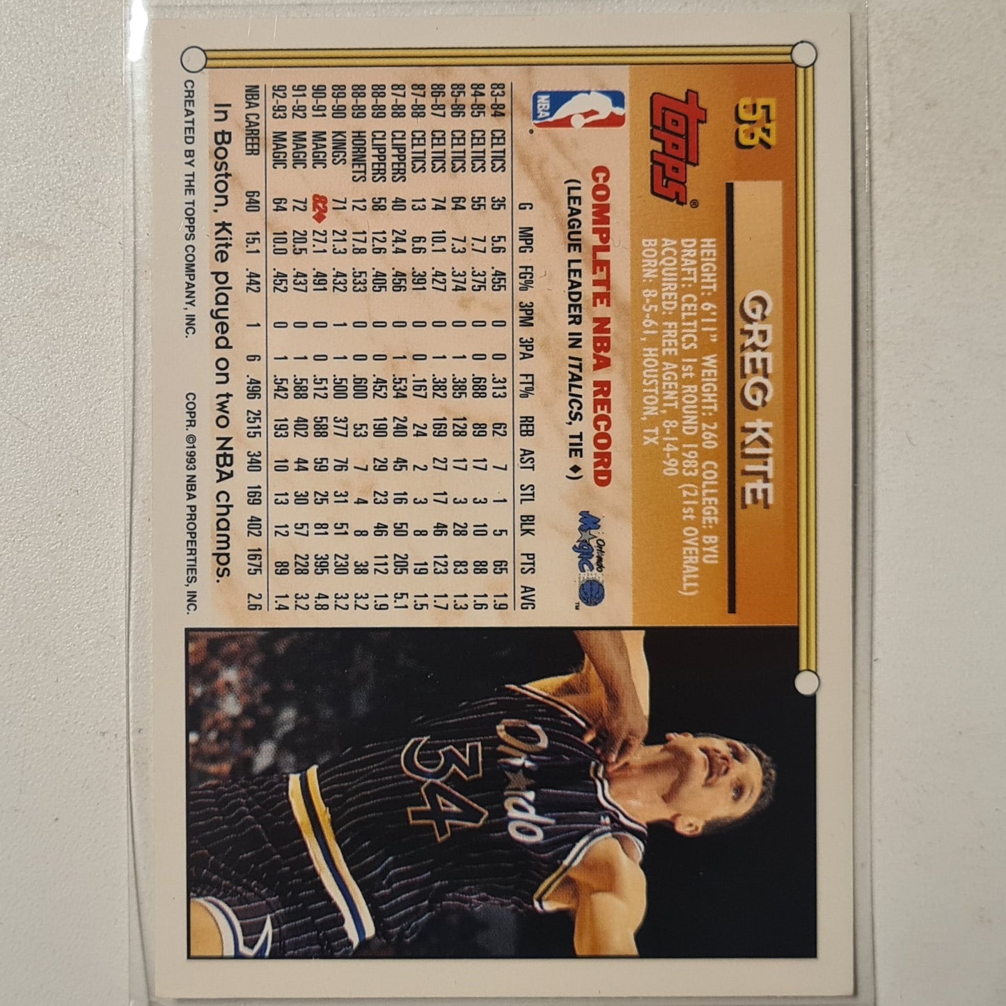 Greg Kite 1993 Topps #53 NBA Basketball Orlando Magic excellent sleeved