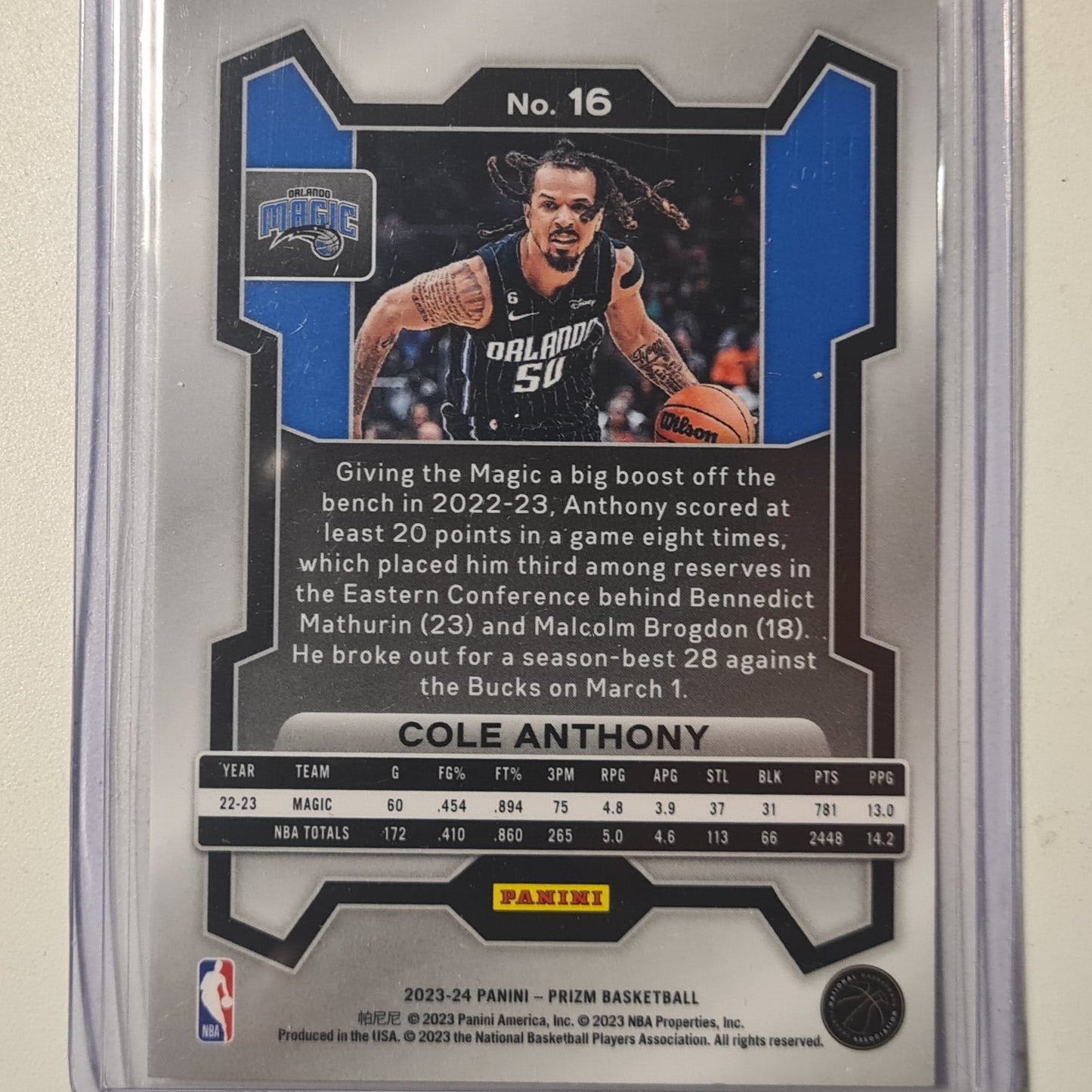 Cole Anthony 2023-24 Panini Prizm #16 NBA Basketball Orlando Magic Excellent/mint