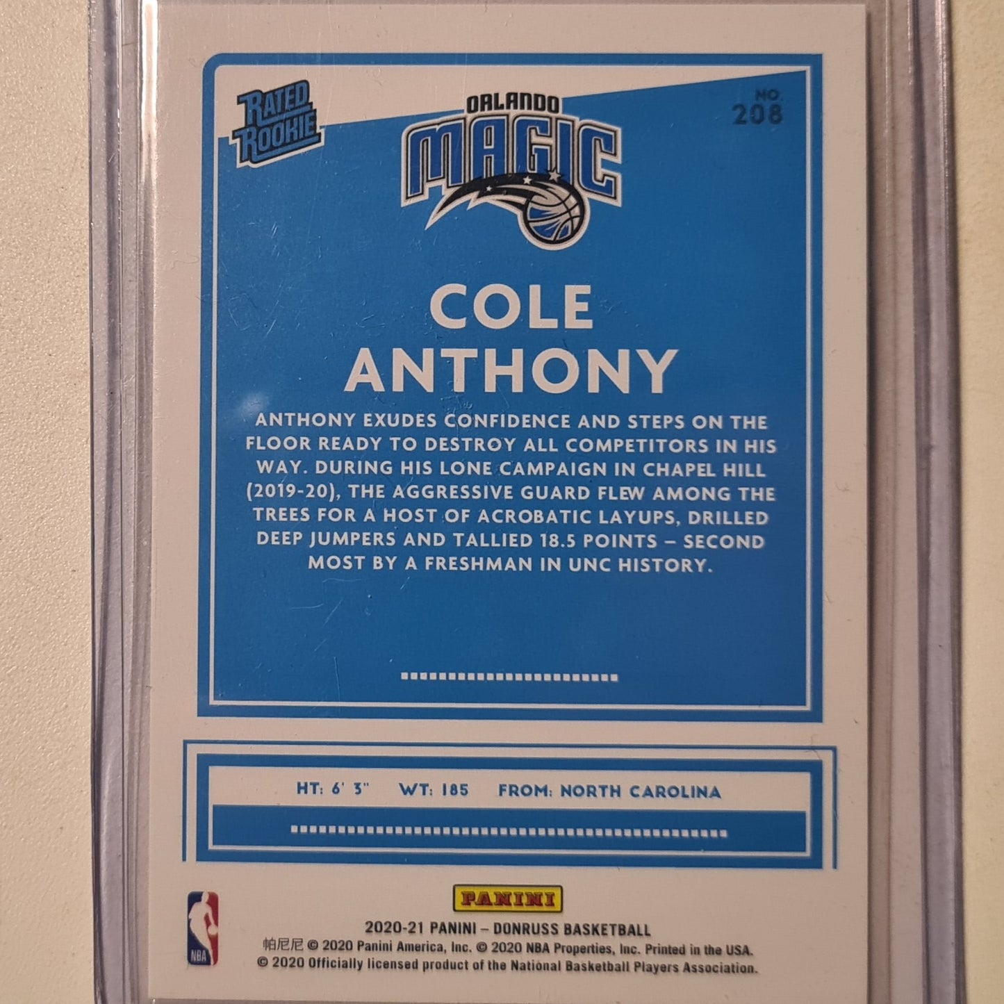 Cole Anthony 2020-21 Panini Donruss Rated Rookie RC #208 NBA Basketball Orlando Magic Excellent/mint