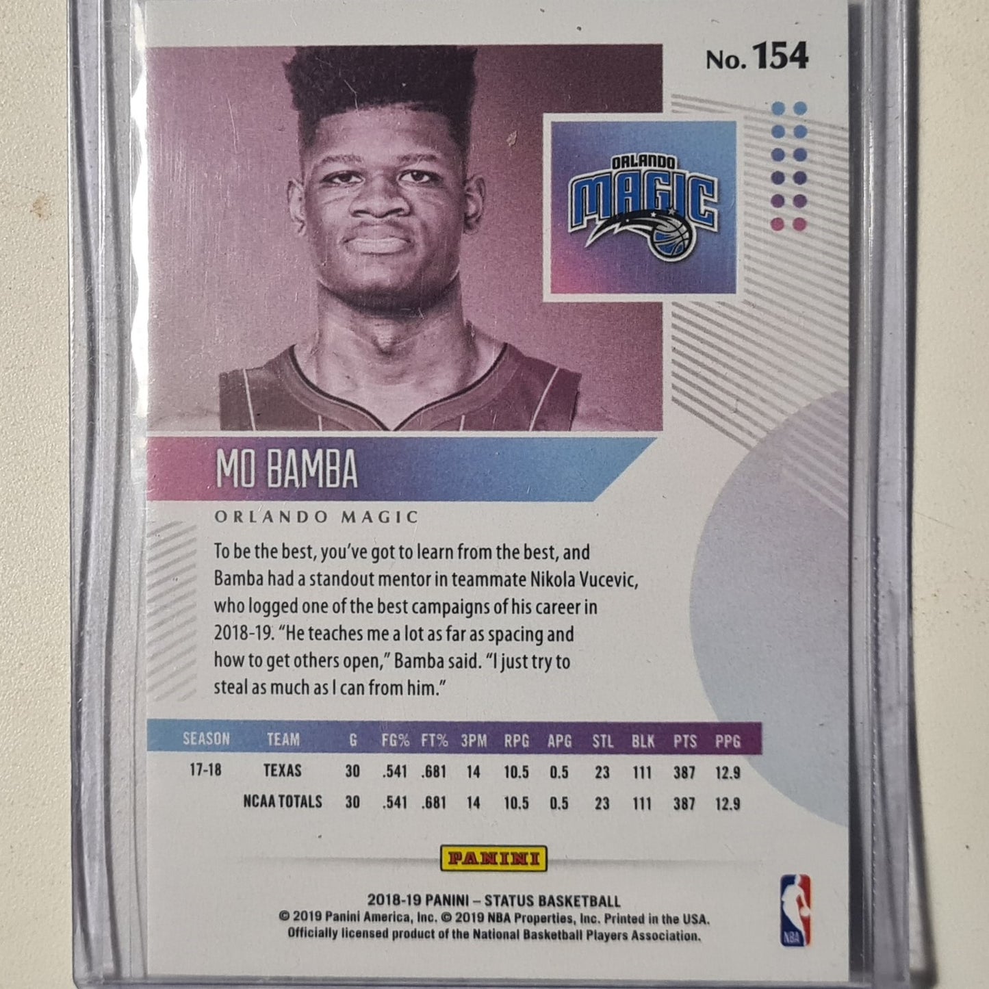 Mo Bamba 2018-19 Panini Status Rookie RC #154 NBA Basketball Orlando Magic excellent/mint sleeved