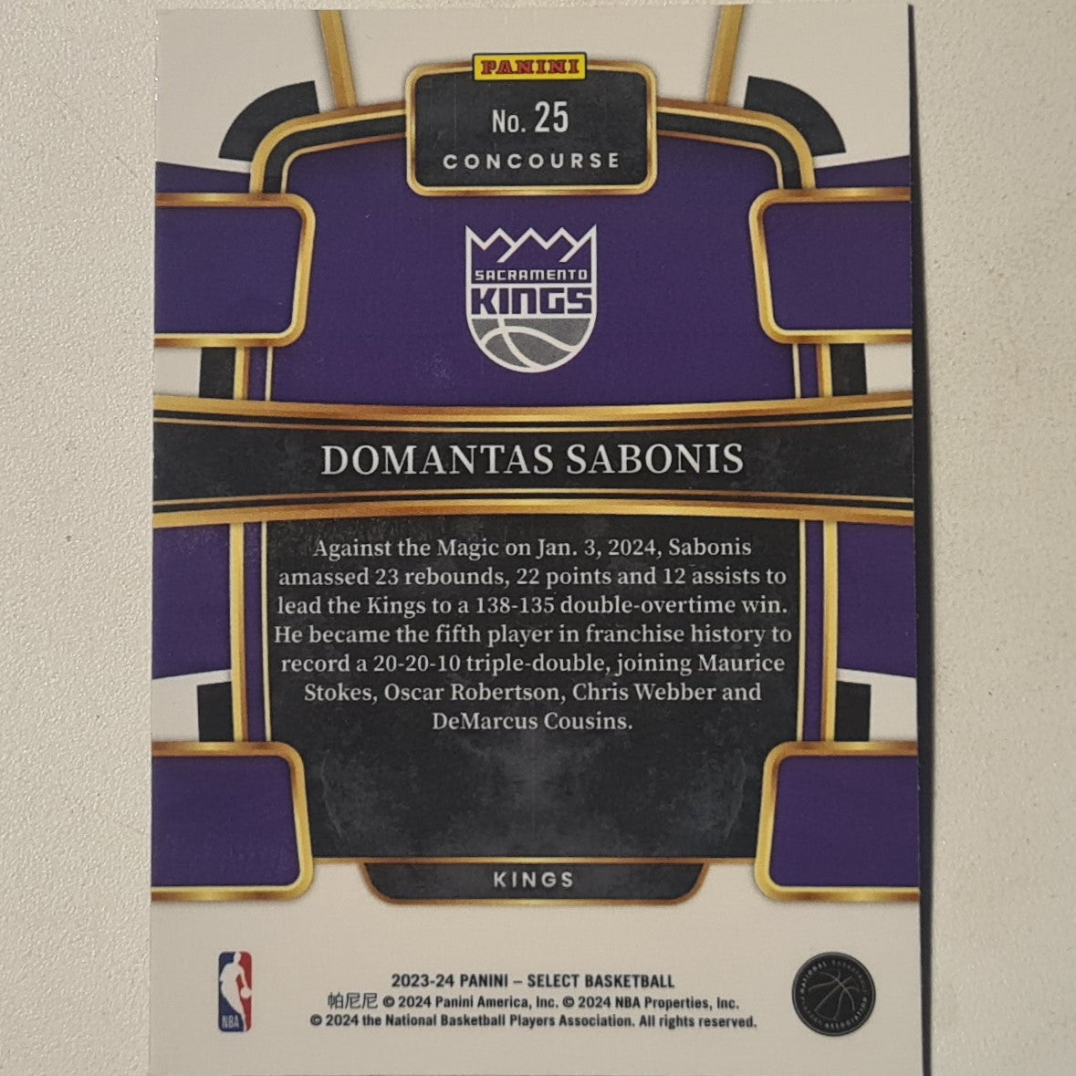 Domantas Sabonis 2023-24 Panini Select #25 NBA Basketball Sacramento Kings  Excellent/mint sleeved