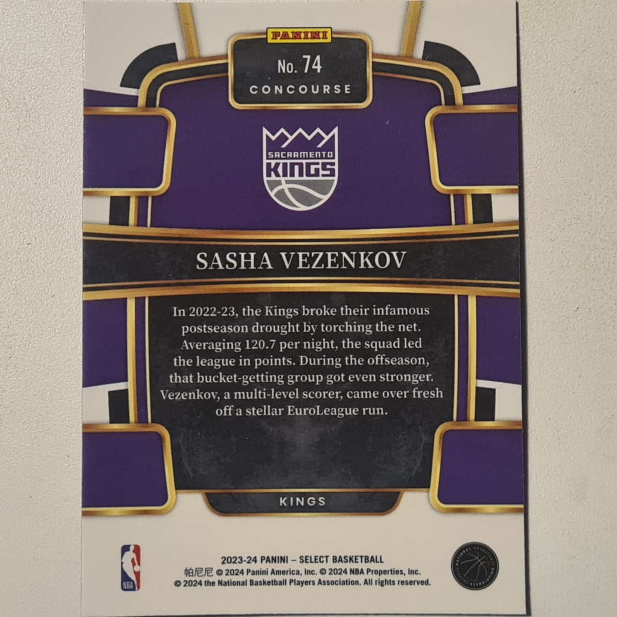 Sasha Vezenkov 2023-24 Panini Select Rookie RC blue #74 NBA Basketball Sacramento Kings  Excellent/mint sleeved