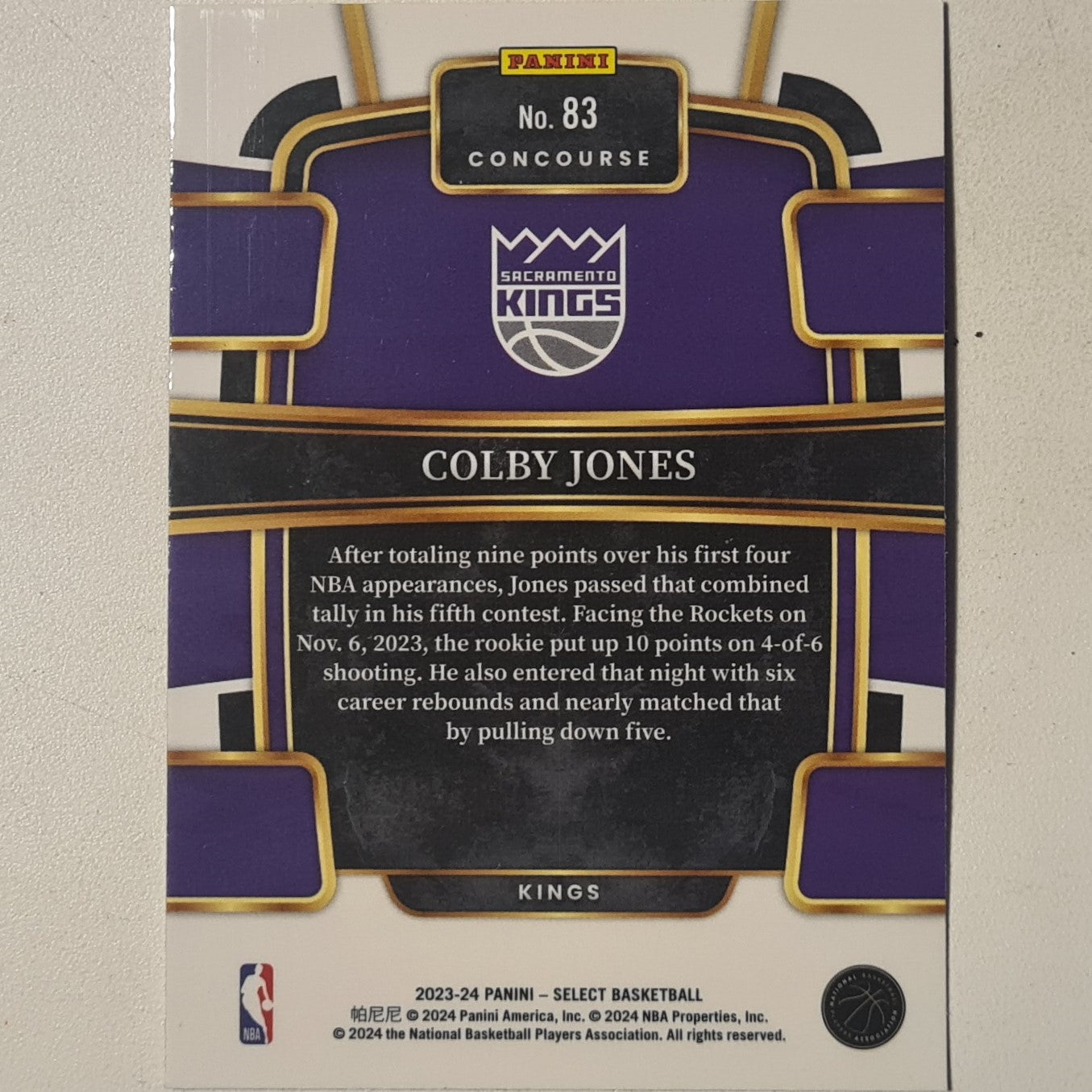 Colby Jones 2023-24 Panini Select Rookie RC blue #83 NBA Basketball Sacramento Kings  Excellent/mint sleeved