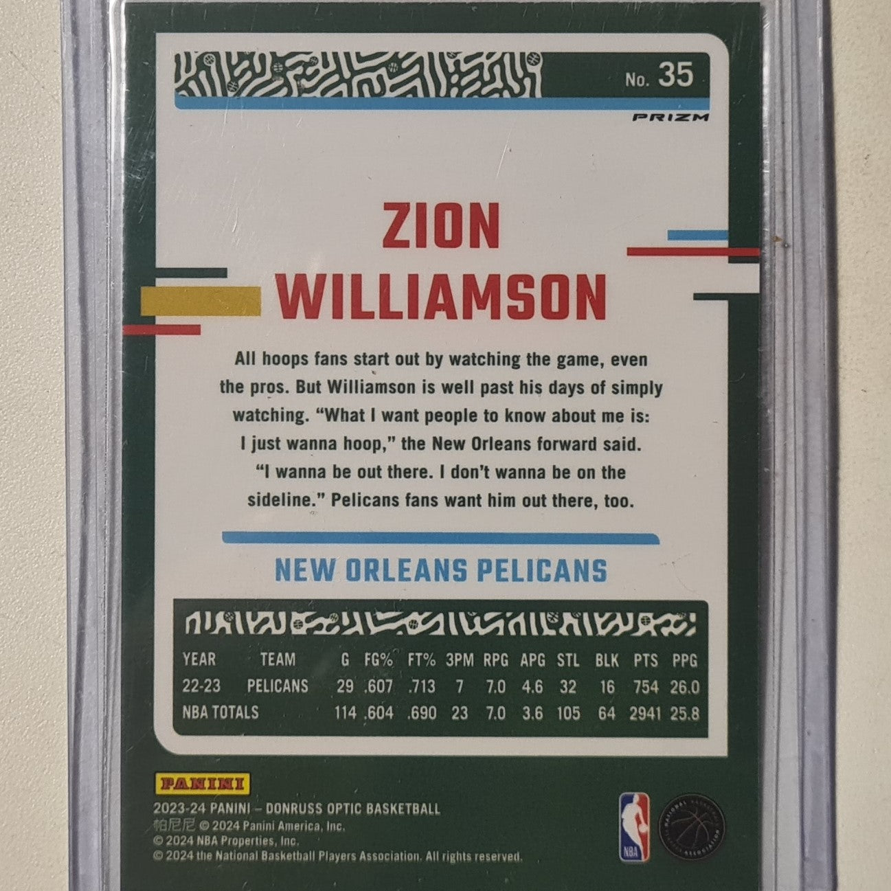 Zion Williamson 2023-24 Panini Donruss purple/blue prizm #35 NBA Basketball New Orleans Pelicans Excellent/mint sleeved