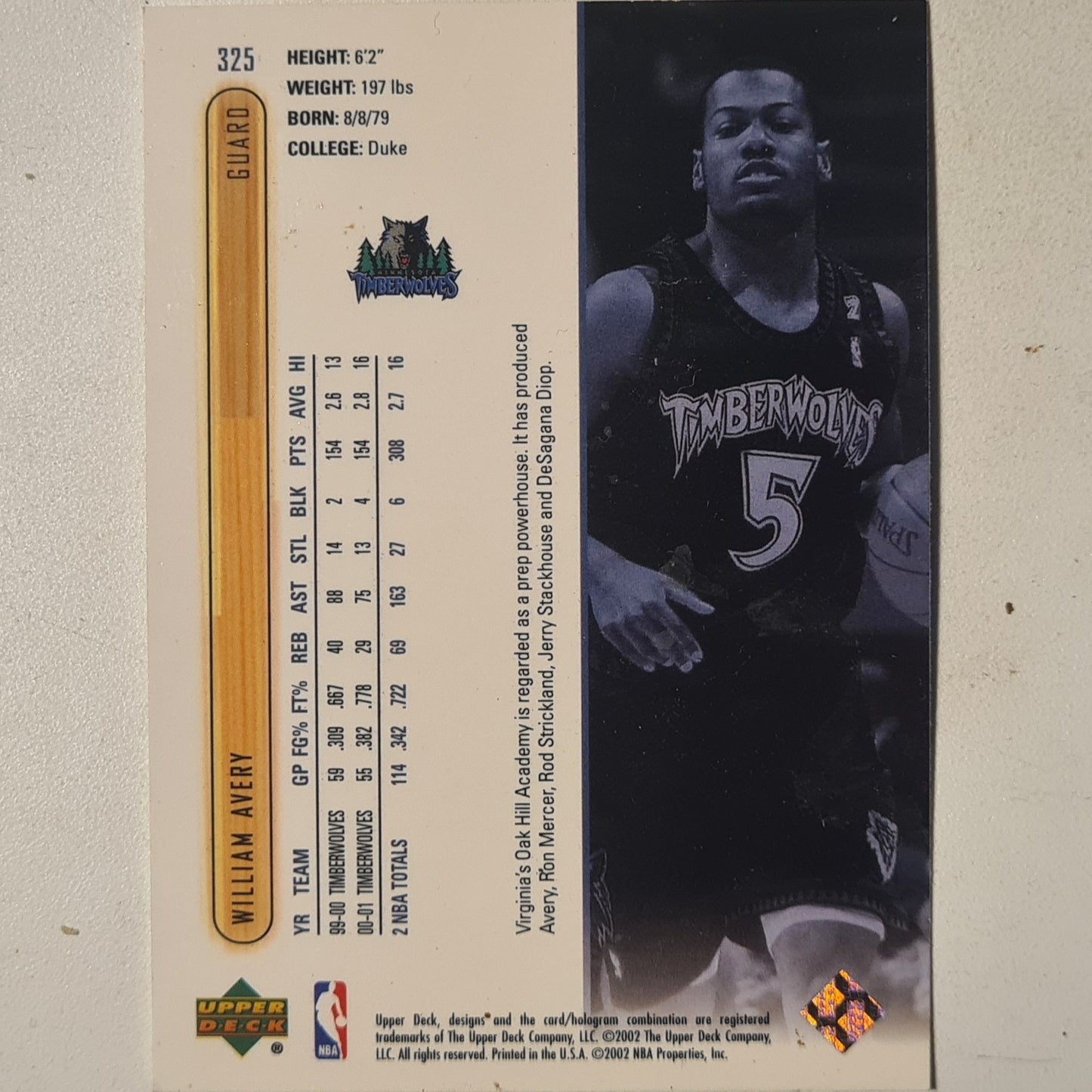 William Avery 2002 Upper-Deck #325 NBA Basketball Minnesota Timberwolves very good sleeved