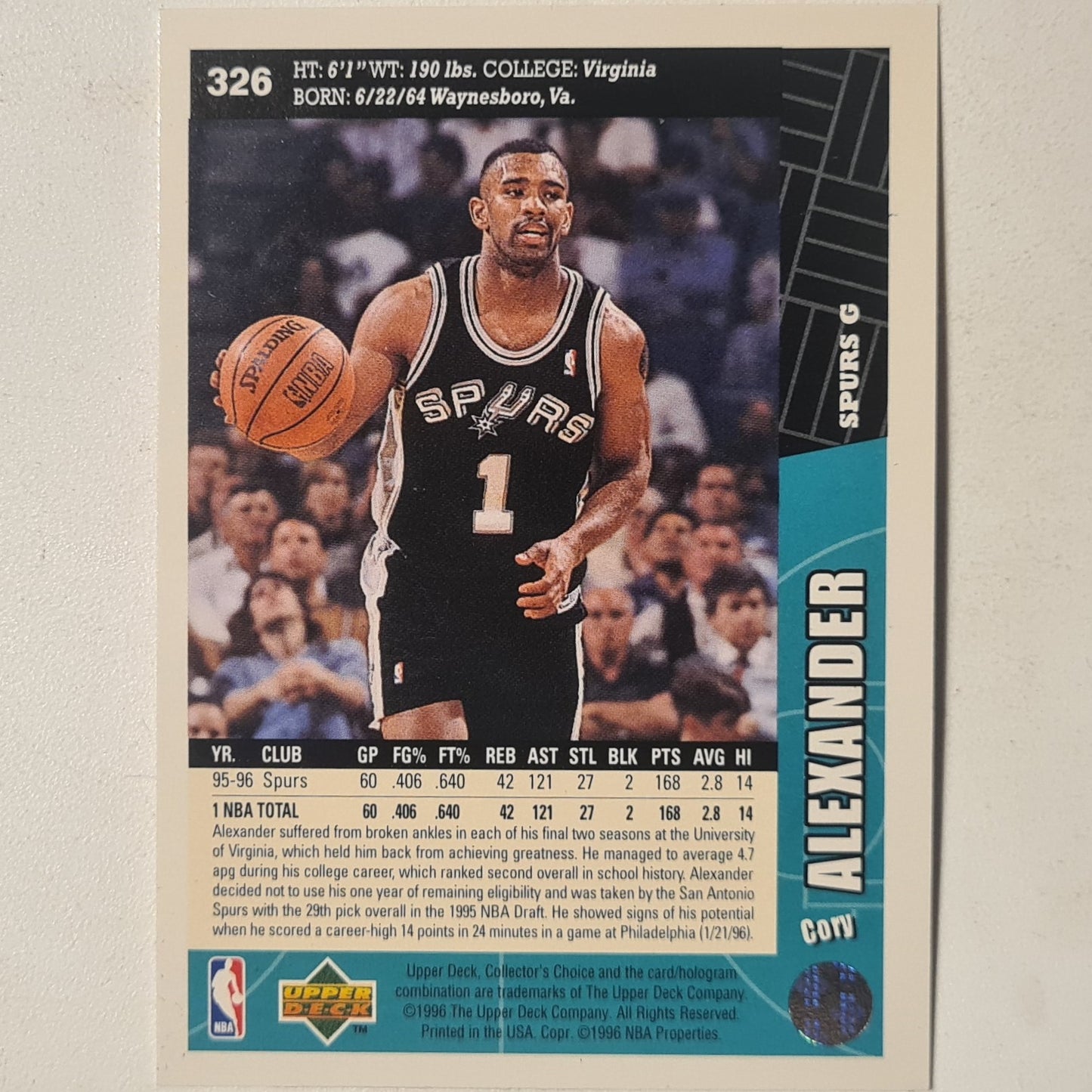 Cory Alexander 1996 Upper-Deck collectors choice #326 NBA Basketball San Antonio Spurs Excellent sleeved