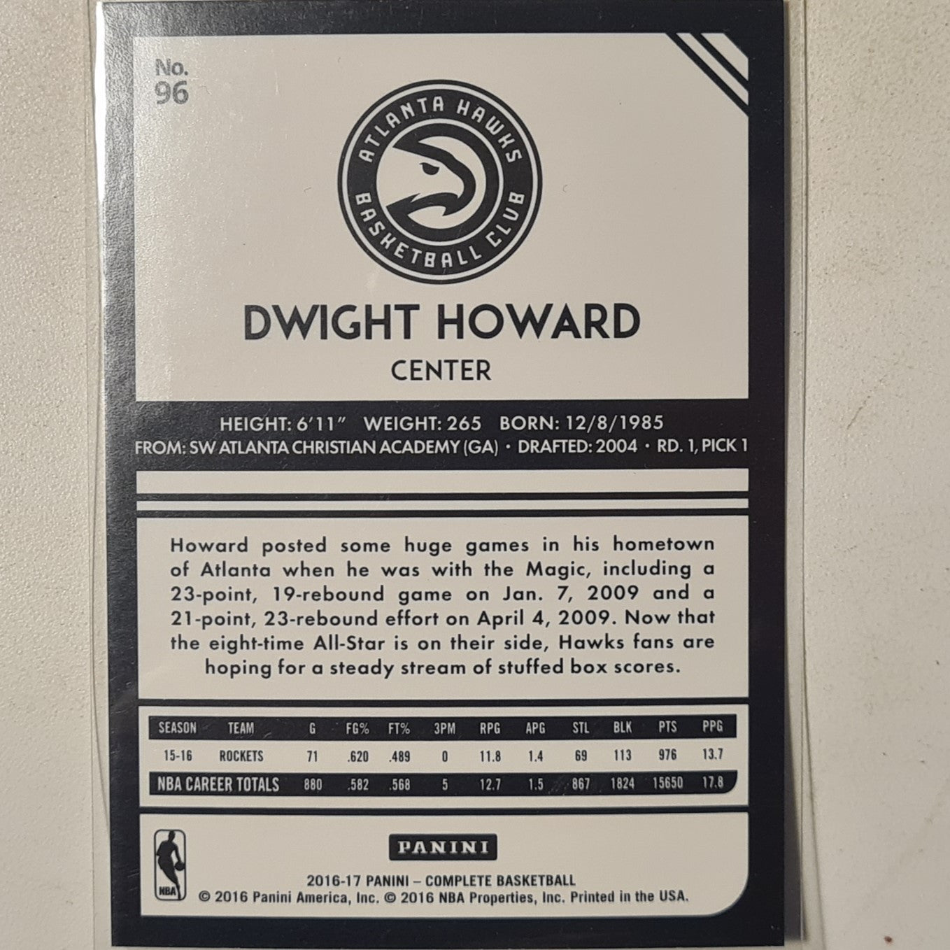 Dwight Howard 2016-17 Panini Complete #96 NBA Basketball Atlanta Hawks Excellent sleeved