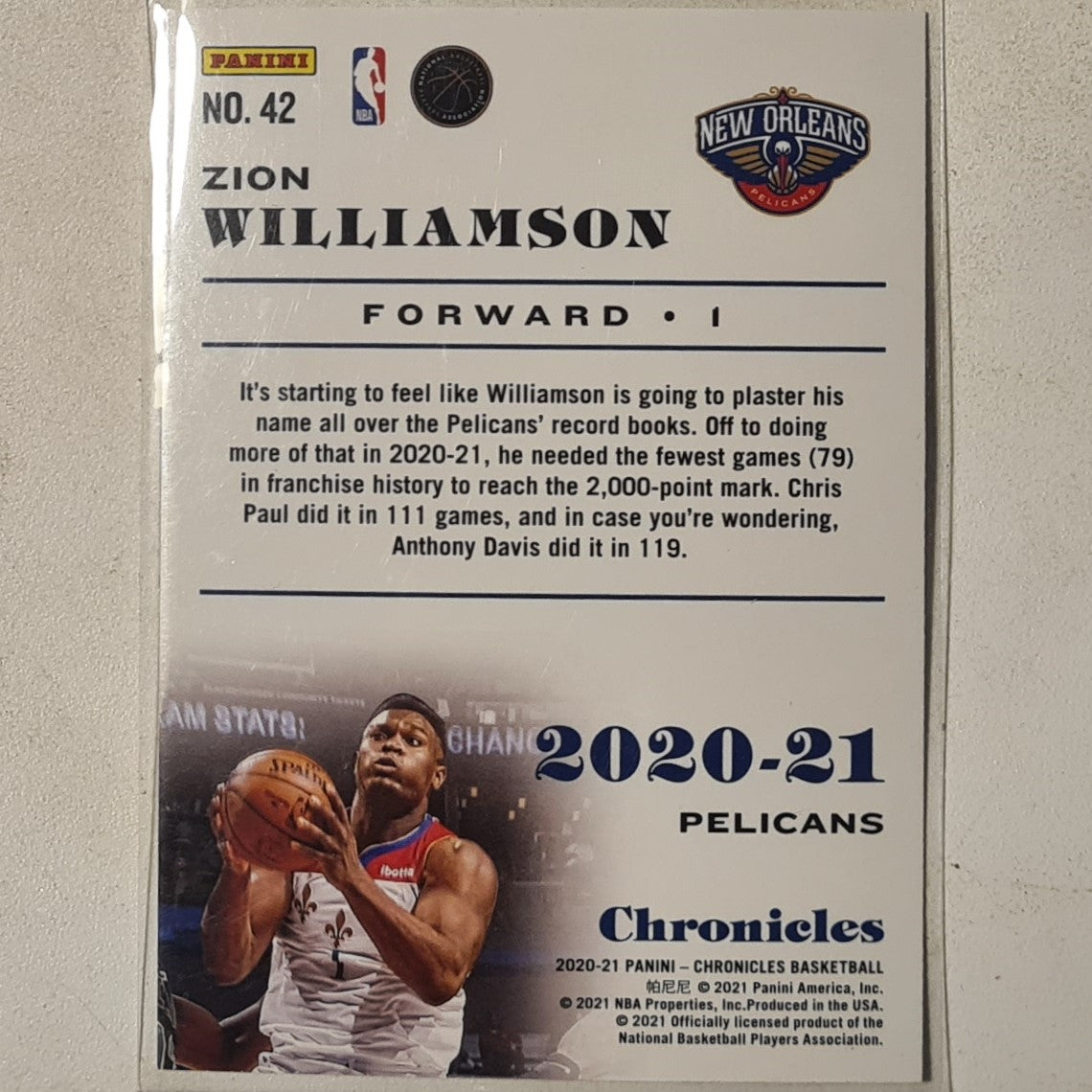 Zion Williamson 2020-21 Panini Chronicles #42 NBA Basketball New Orleans Pelicans Excellent sleeved