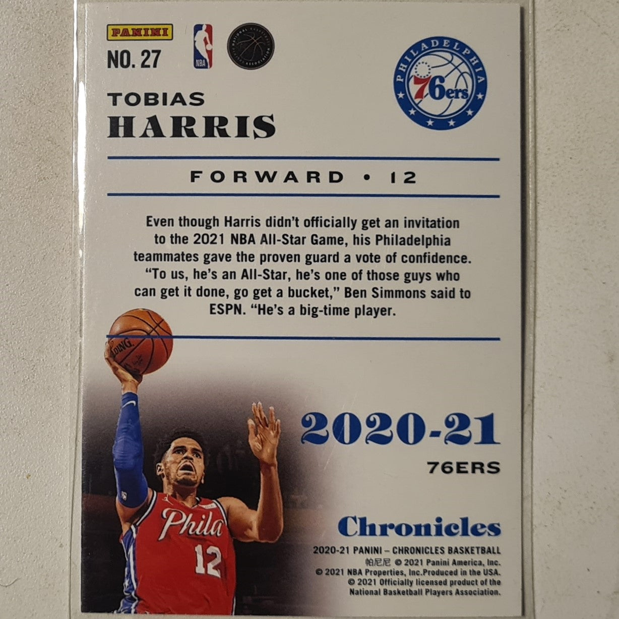 Tobias Harris 2020-21 Panini Chronicles #27 NBA Basketball Philadelphia 76ers Excellent sleeved