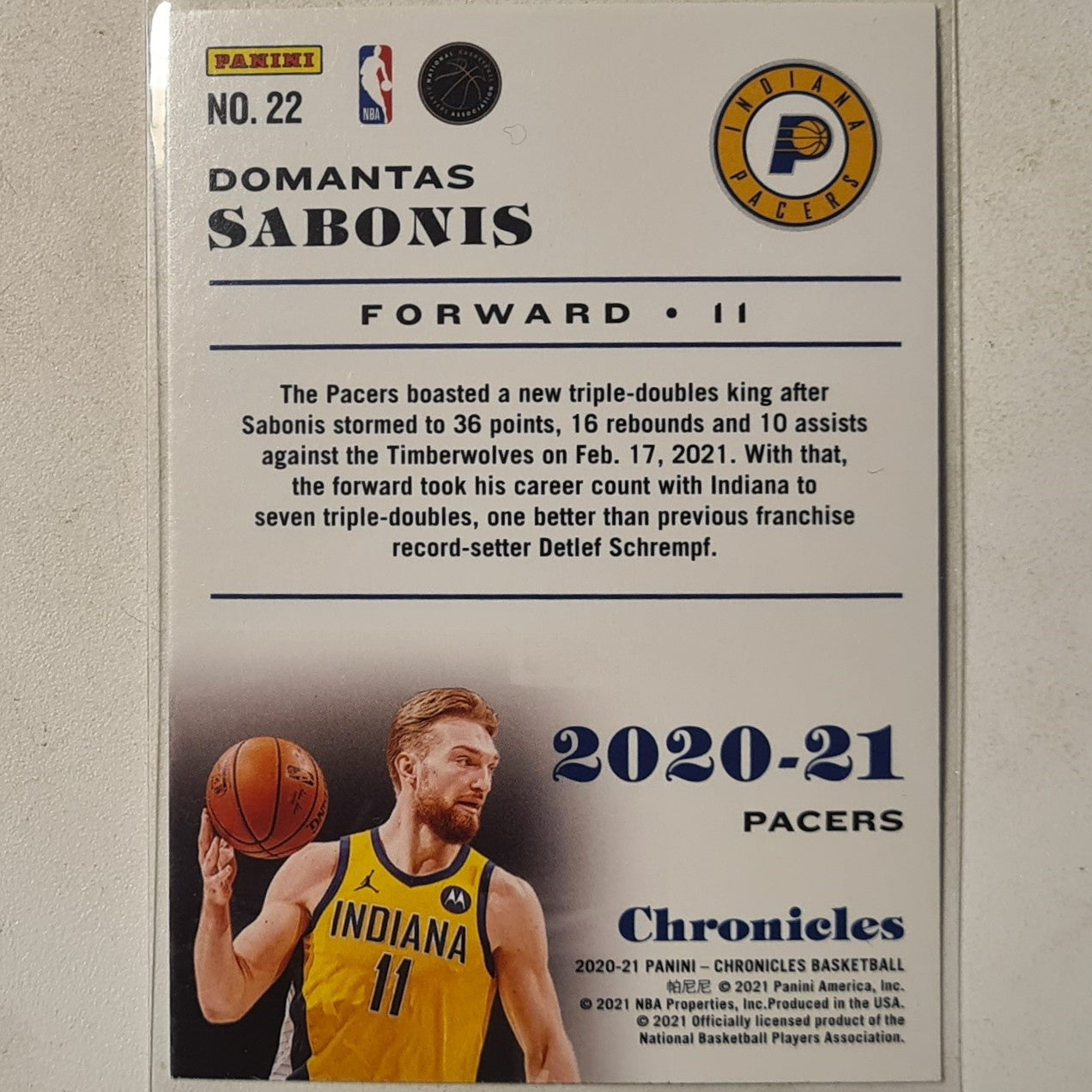 Domantis Sabonis 2020-21 Panini Chronicles #22 NBA Basketball Indiana Pacers Excellent sleeved