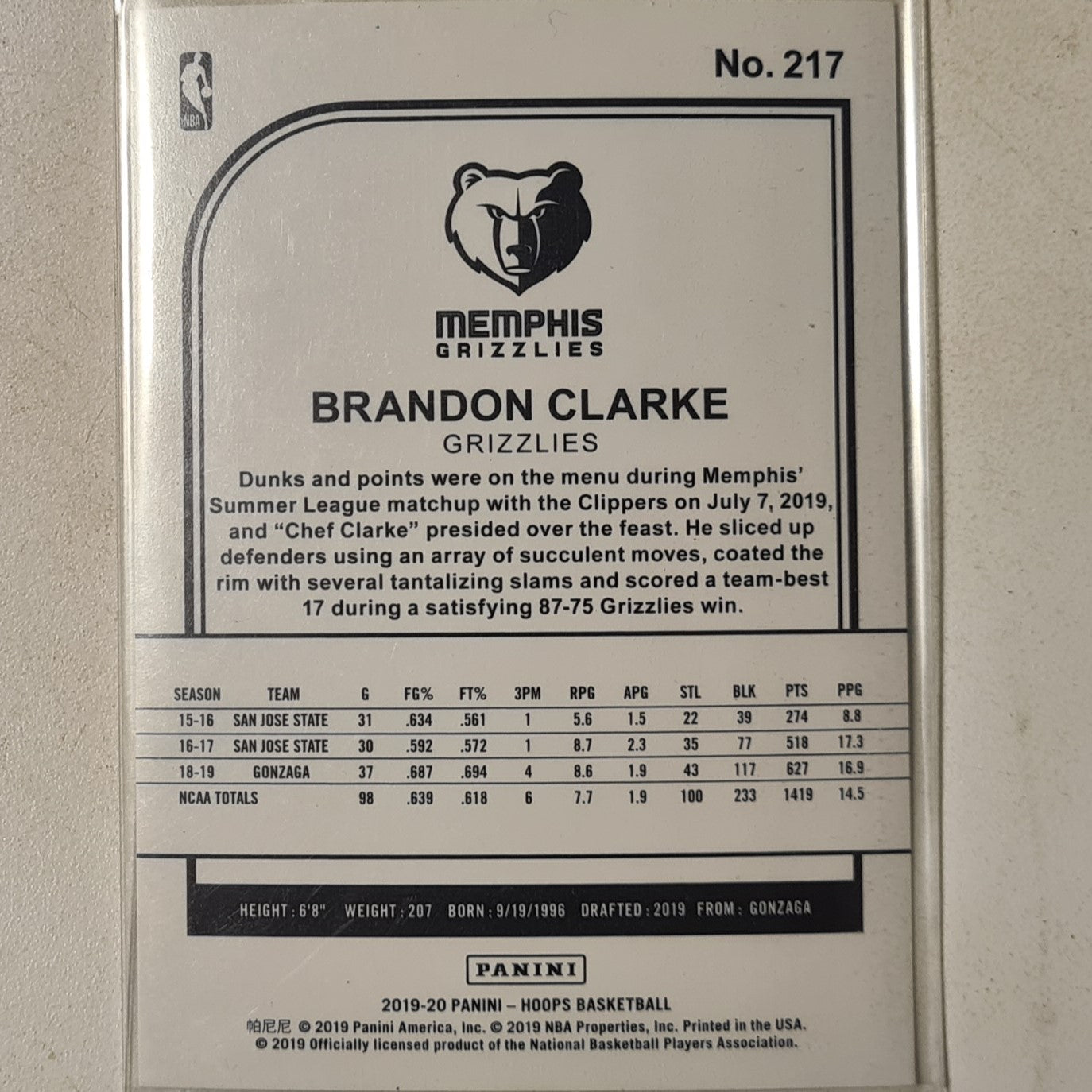 Brandon Clarke 2019-20 Panini NBA Hoops Rookie RC #217 NBA Basketball Memphis Grizzlies Excellent sleeved