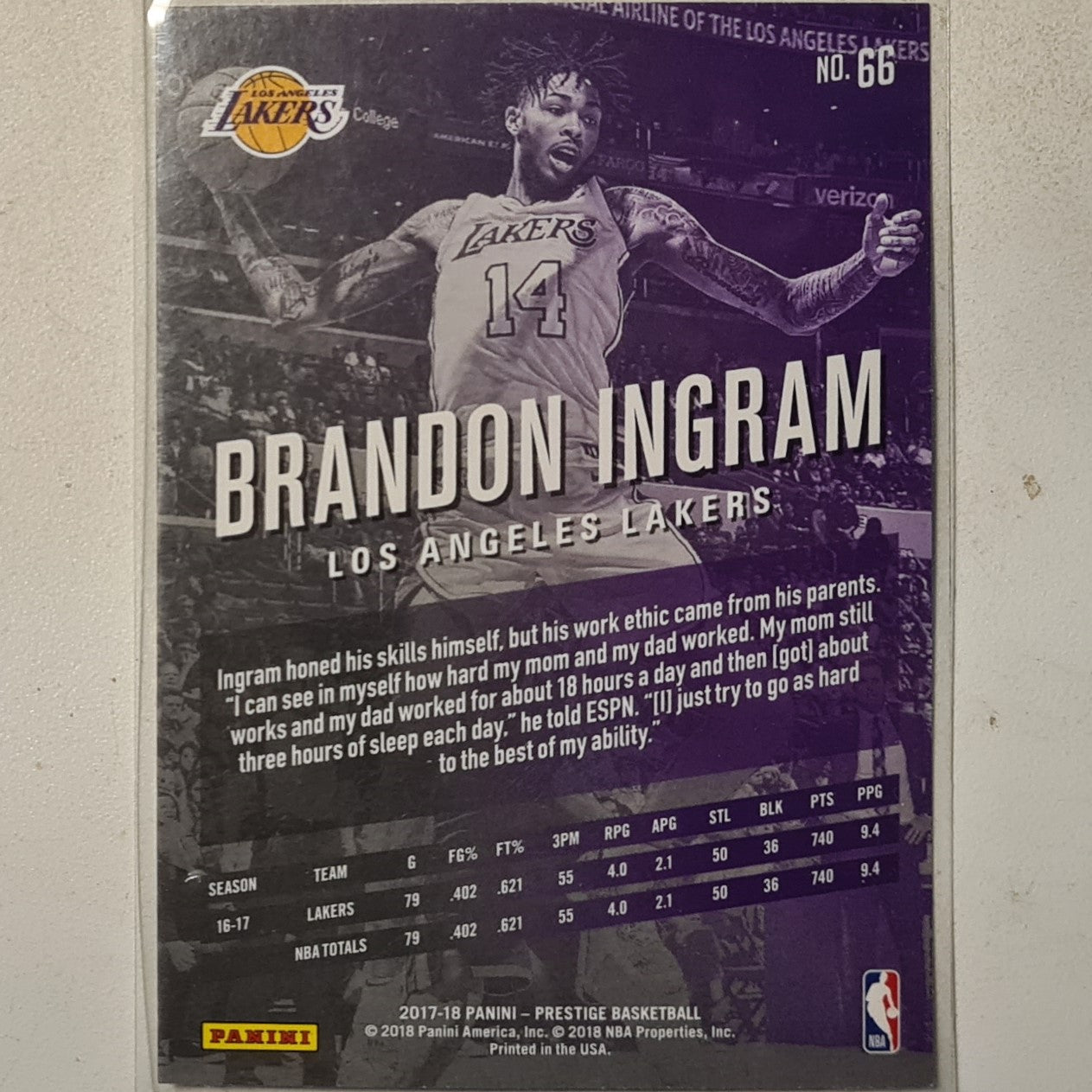 Brandon Ingram 2017-18 Panini Prestige #66 NBA Basketball LA Lakers Excellent sleeved