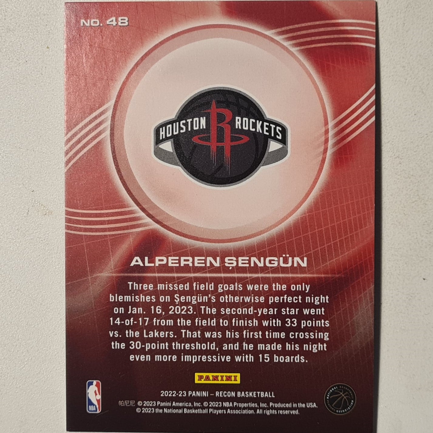 Alperen Sengun 2022-23 Panini Recon #48 NBA Basketball Houston Rockets Excellent sleeved