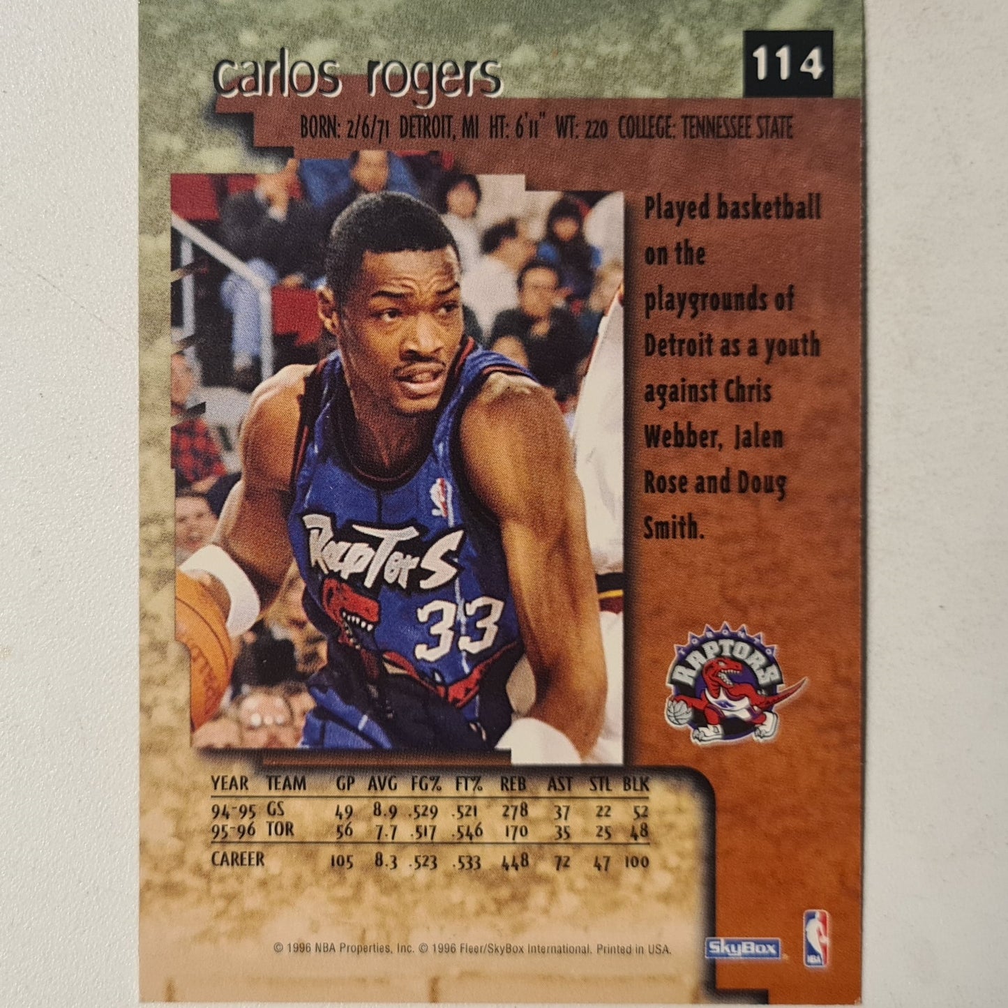 Carlos Rogers 1996 Skybox Premium #114 NBA Basketball Toronto Raptors Excellent sleeved