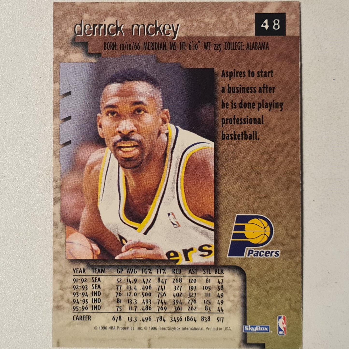 Derrick McKey 1996 Skybox Premium #48 NBA Basketball Indiana Pacers very good sleeved