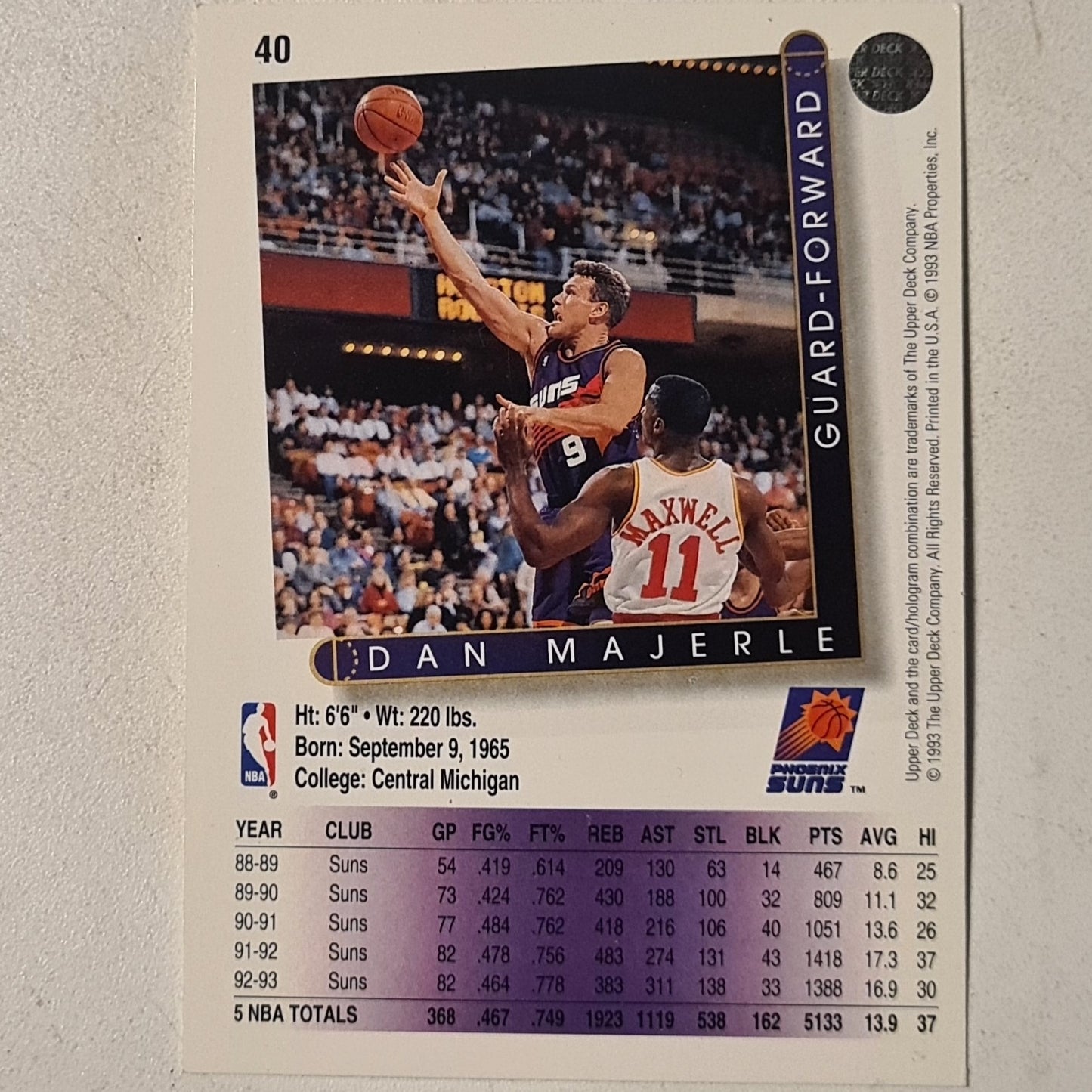 Dan Marjerle 1993 Upper-Deck Collectors Choice #40 NBA Basketball Phoenix Suns very good sleeved