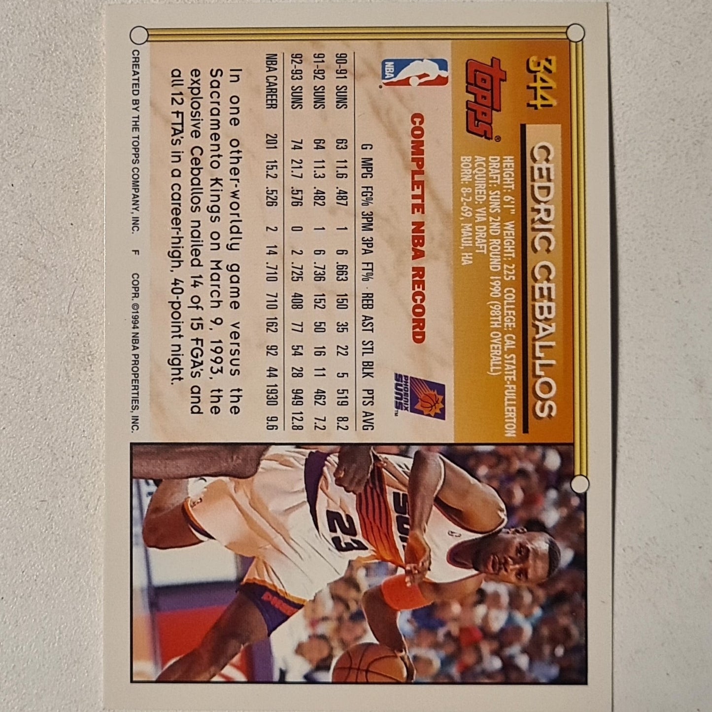 Cedric Ceballos 1994 Topps #344 NBA Basketball Phoenix Suns very good sleeved