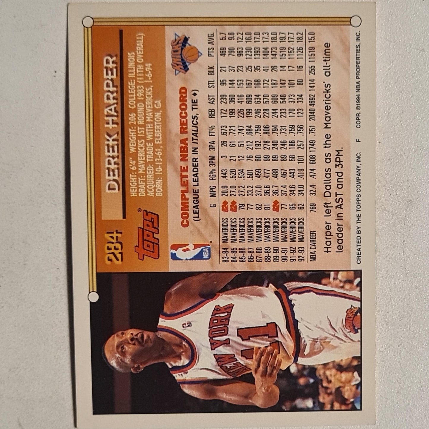 Derek Harper 1994 Topps #284 NBA Basketball New York Knicks very good sleeved