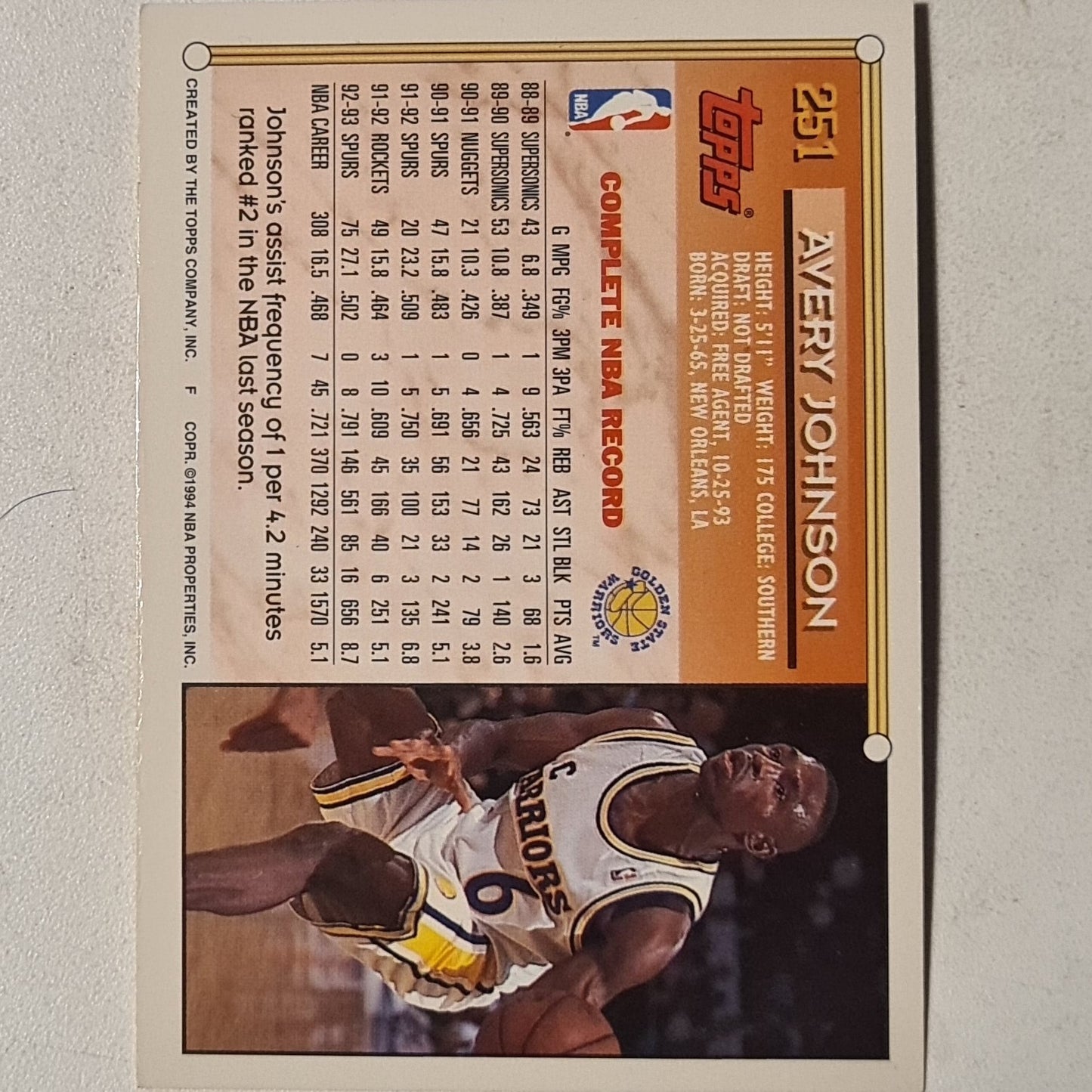 Avery Johnson 1994 Topps #251 NBA Basketball Golden State Warriors very good sleeved