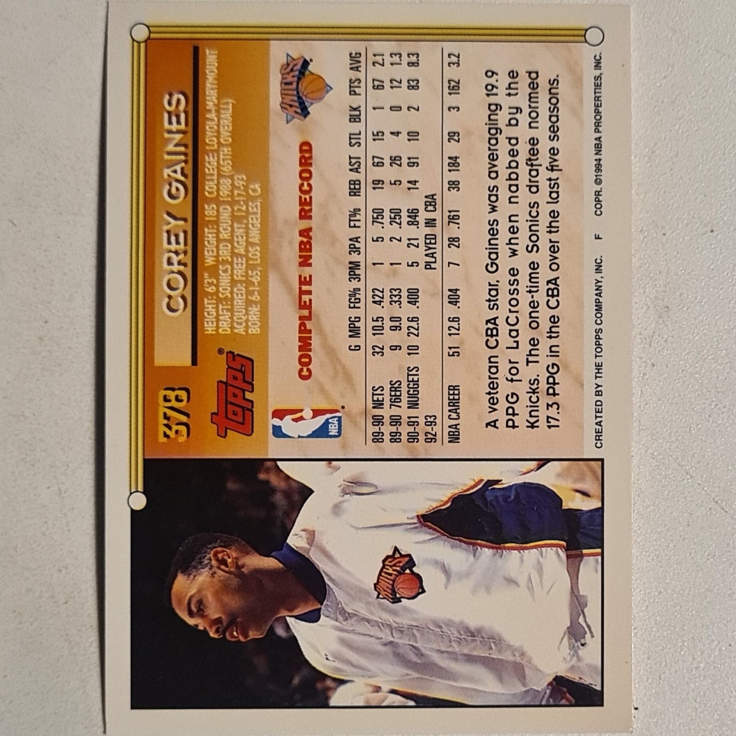 Corey Gaines 1994 Topps #378 NBA Basketball New York Knicks very good sleeved