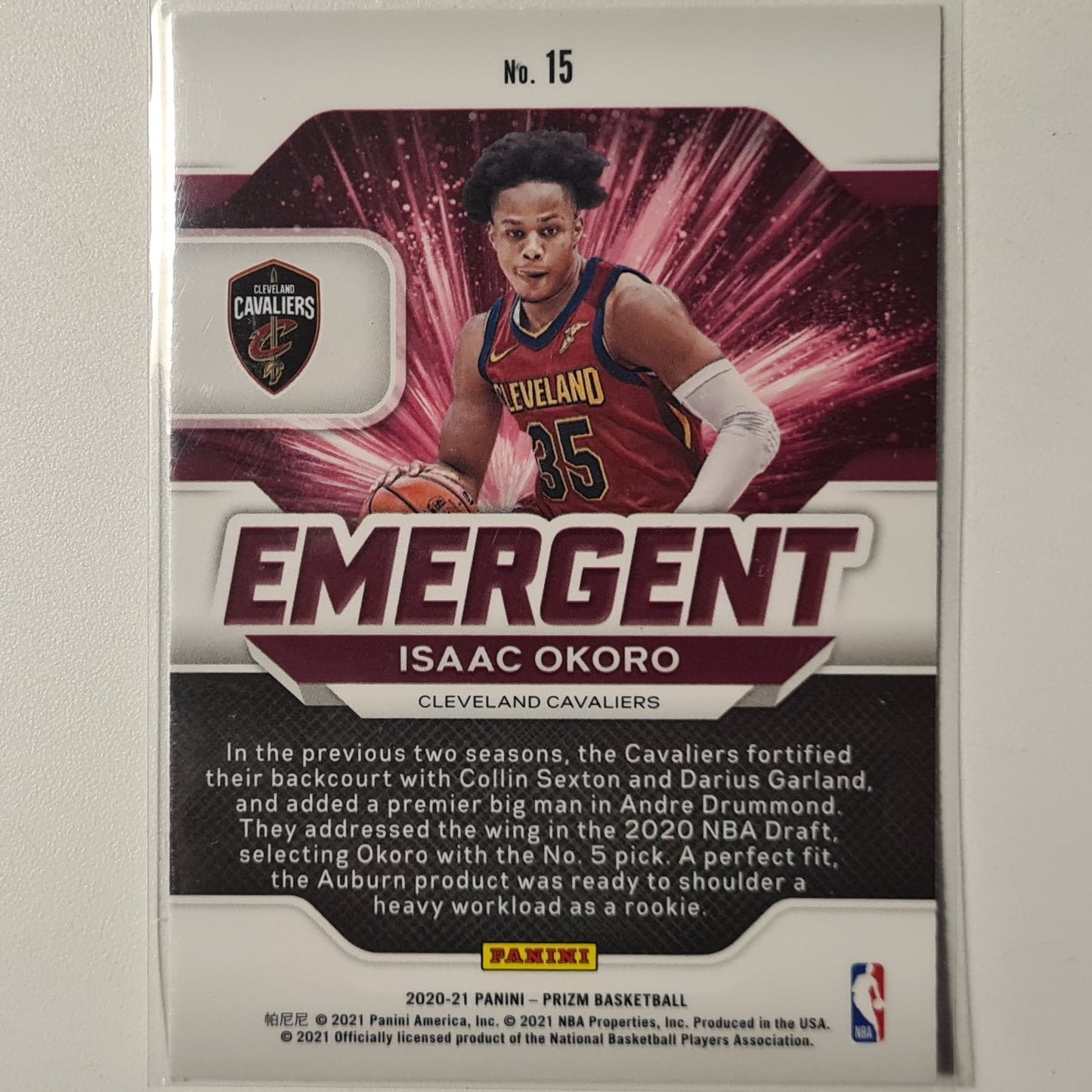 Isaac Okoro 2020-21 Panini Prizm emergent Rookie RC #15 NBA Basketball Cleveland Cavaliers Excellent /Mint sleeved