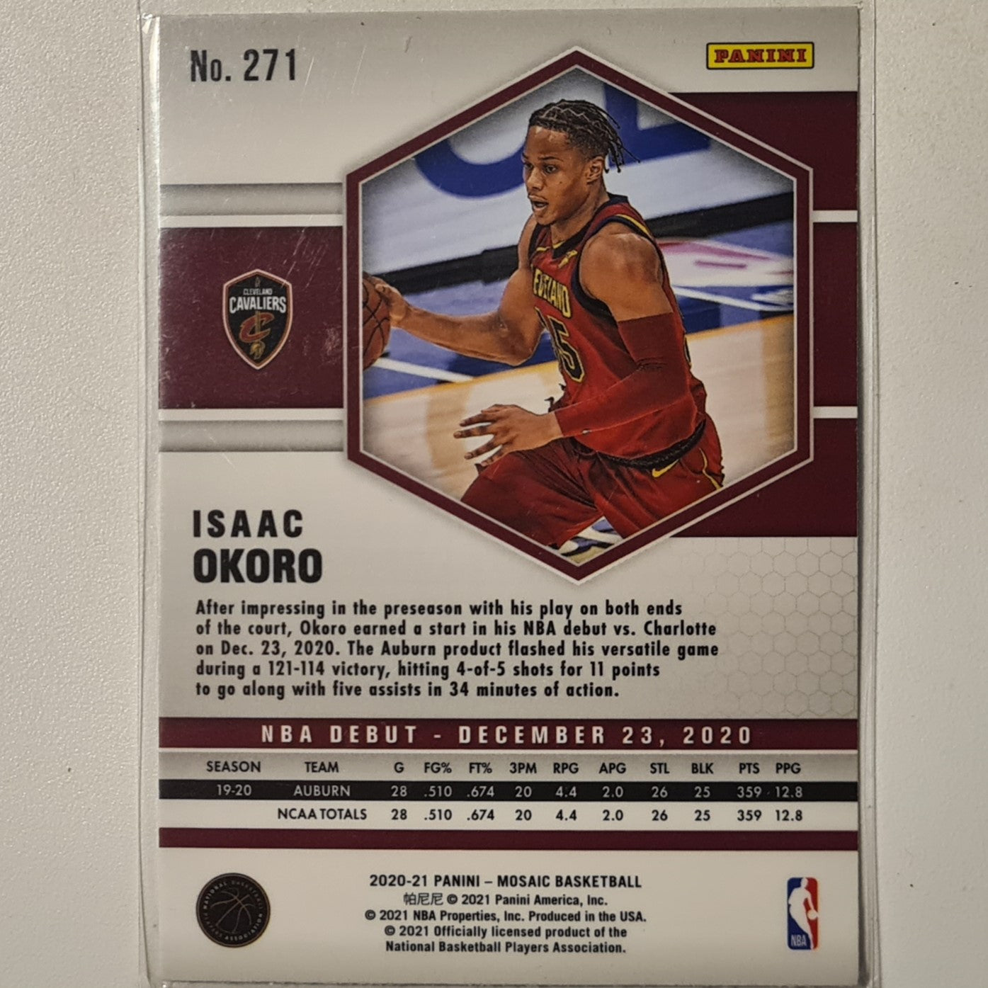 Isaac Okoro 2020-21 Panini mosaic NBA Debut Rookie RC #271 NBA Basketball Cleveland Cavaliers Excellent sleeved