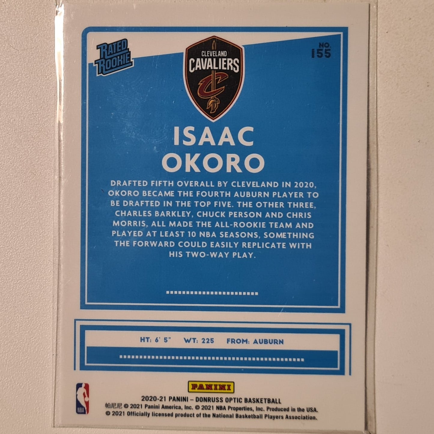 Isaac Okoro 2020-21 Panini Donruss Optic Rated Rookie RC #155 NBA Basketball Cleveland Cavaliers Excellent/mint sleeved