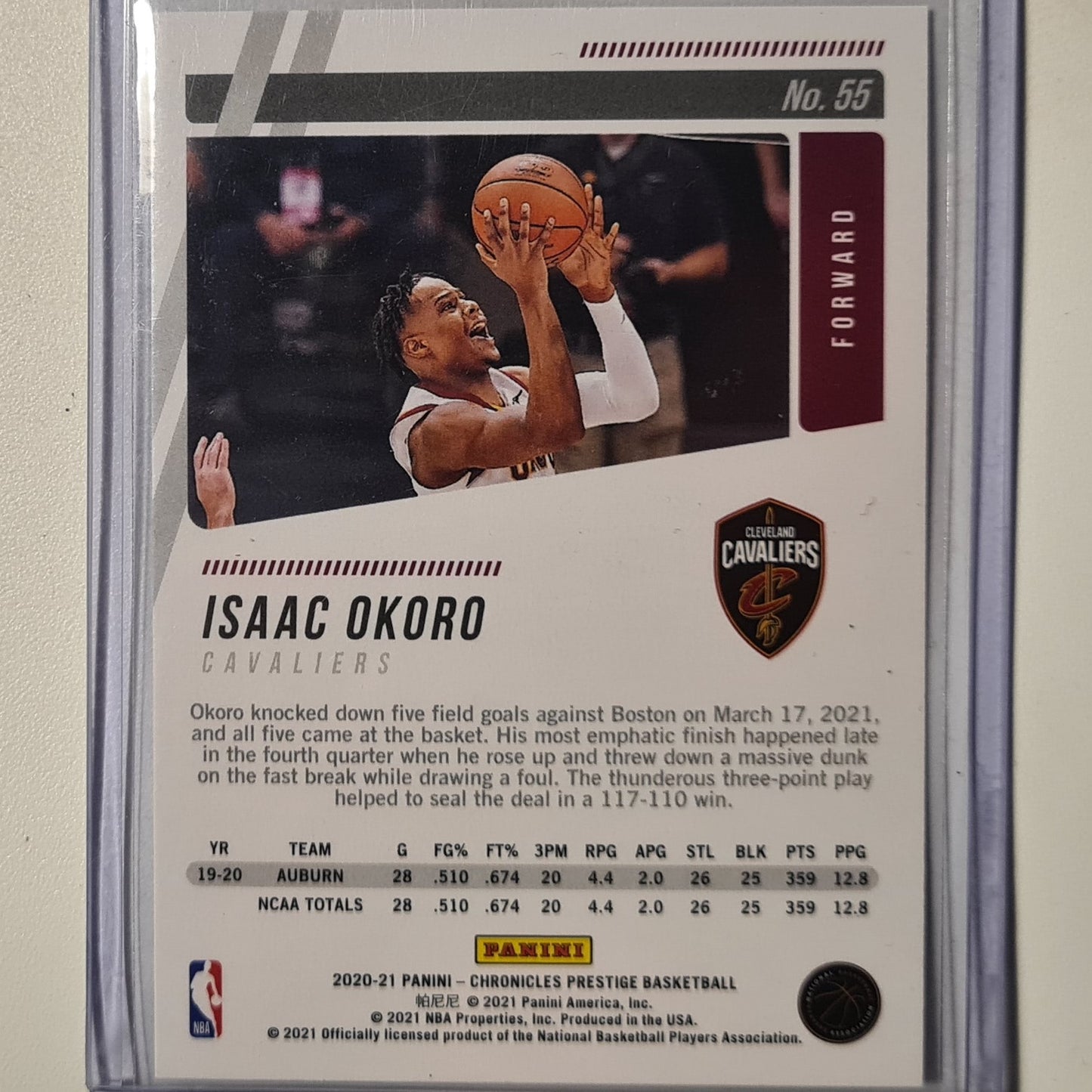 Isaac Okoro 2020-21 Panini Chronicles Prestige Rookie RC #55 NBA Basketball Cleveland Cavaliers Excellent/mint sleeved