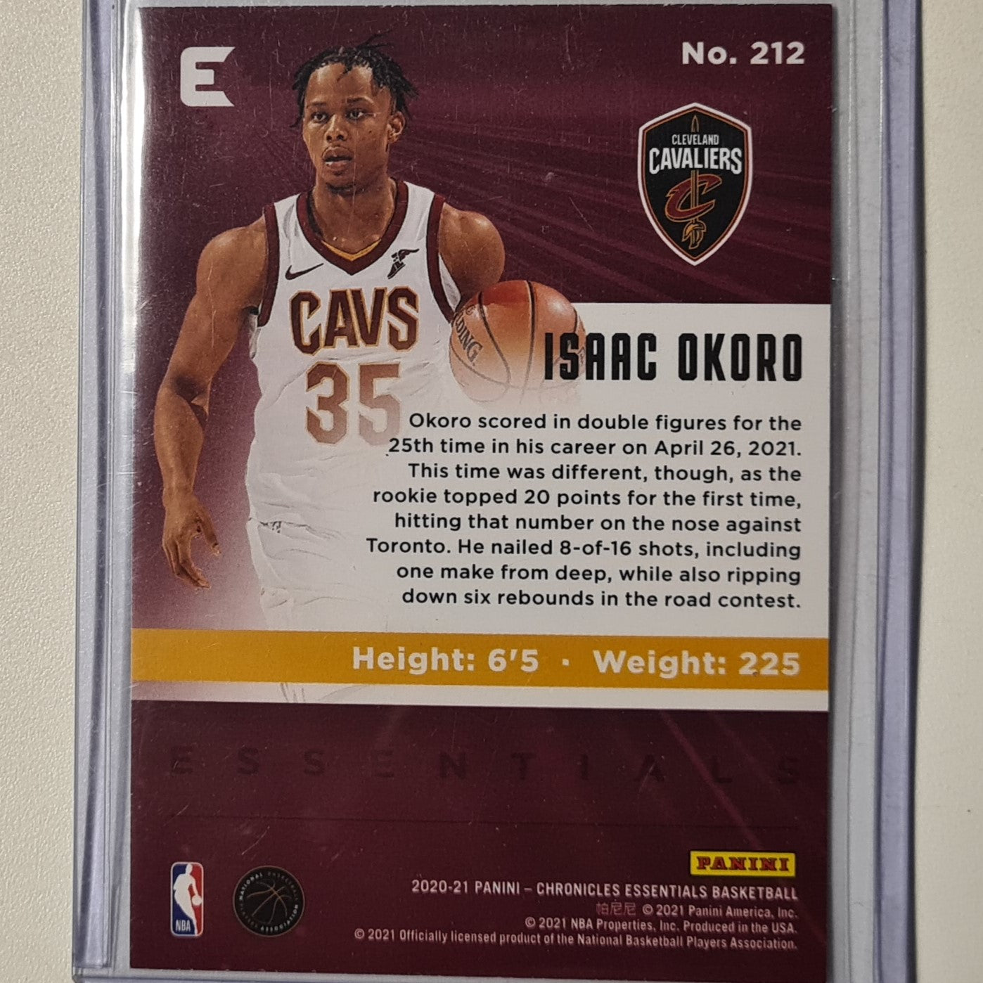 Isaac Okoro 2020-21 Panini Chronicles Essentials Rookie RC #212 NBA Basketball Cleveland Cavaliers Excellent/mint sleeved