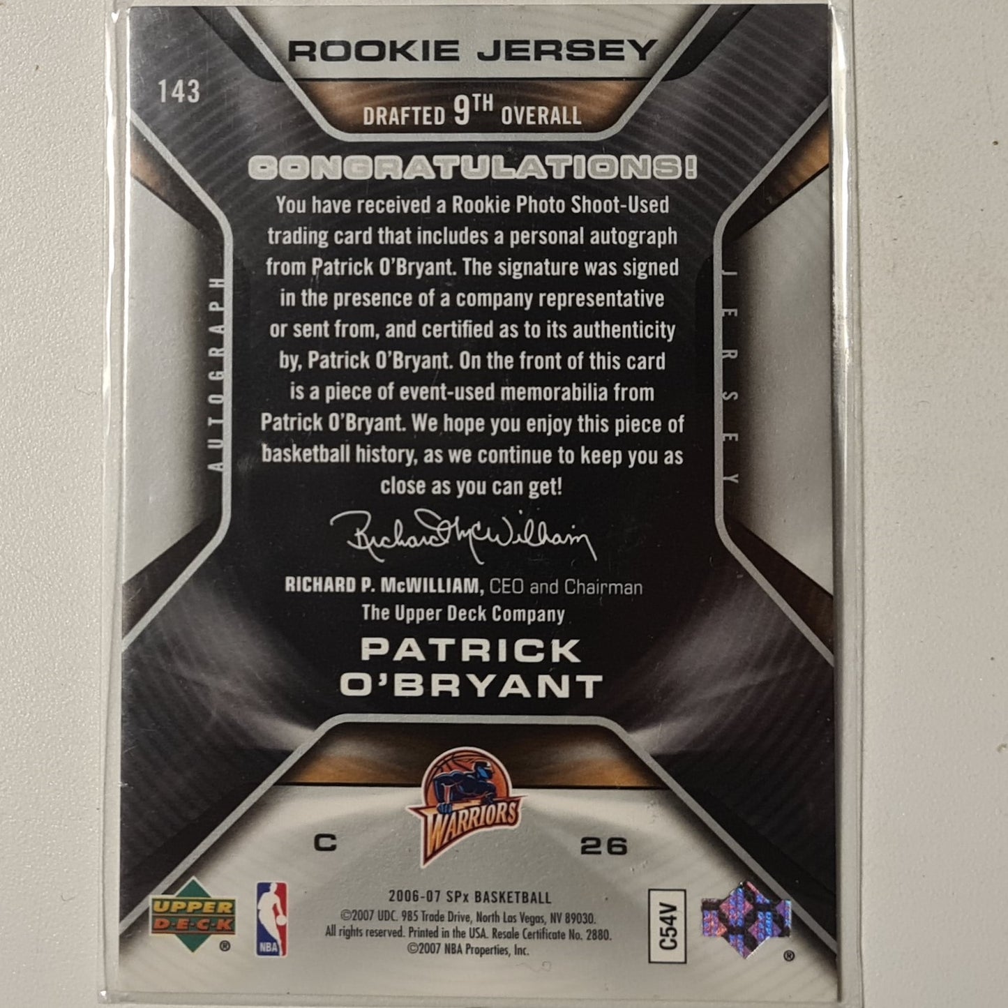 Patrick O'Bryant 2006-07 Upper-Deck SPX Rookie Jersey patch Auto RC C26 NBA Basketball Golden State Warriors excellent sleeved