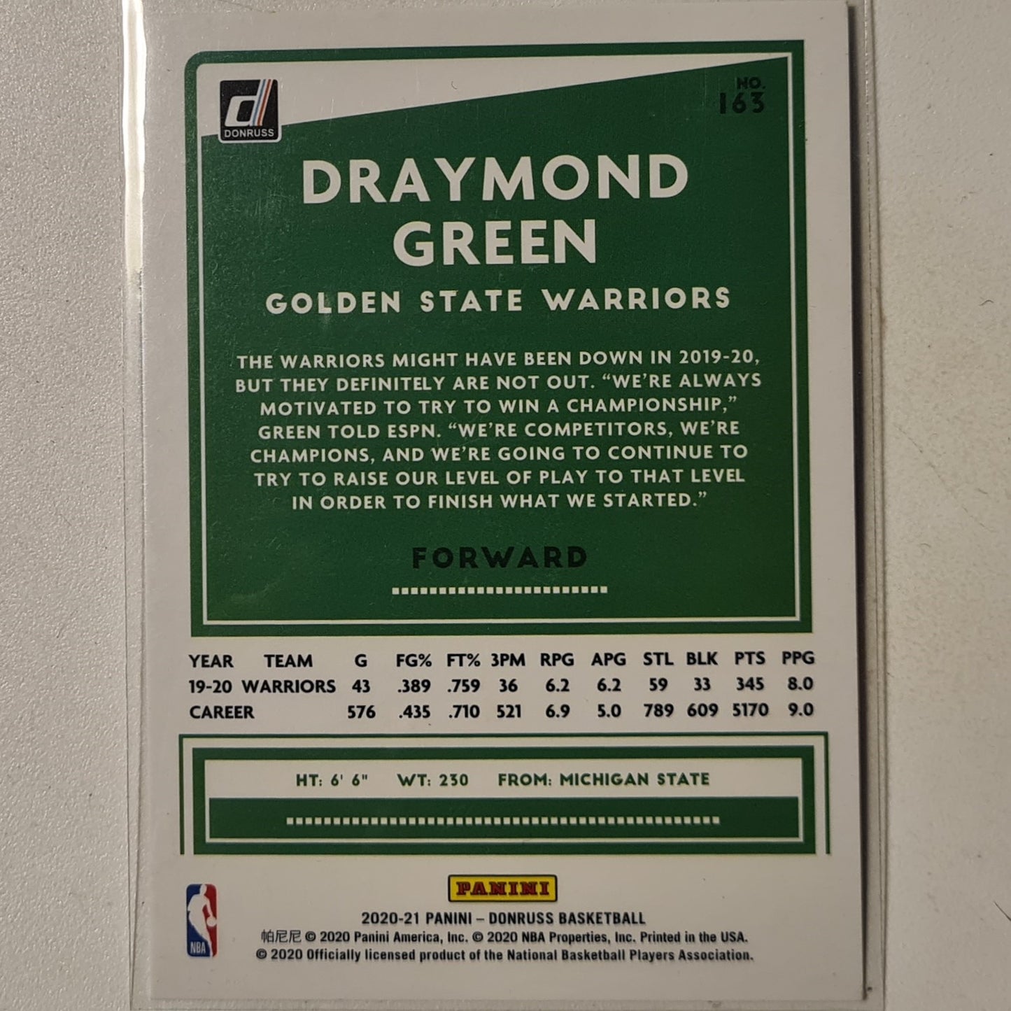 Draymond Green 2020-21 Panini Donruss  #163 NBA Basketball Golden State Warriors Excellent sleeved